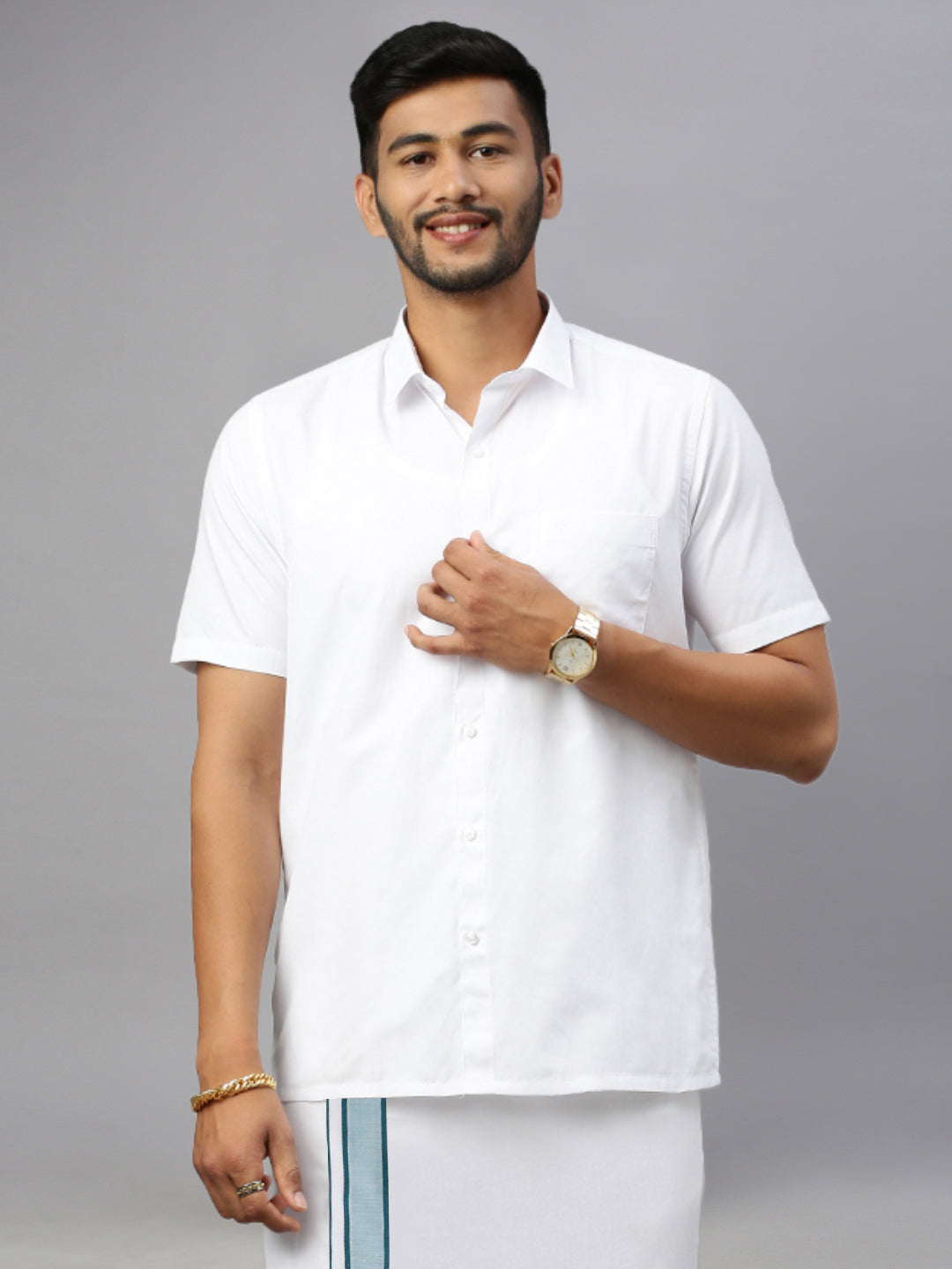 Mens White Shirt with Green Fancy Border Dhoti Combo WP07