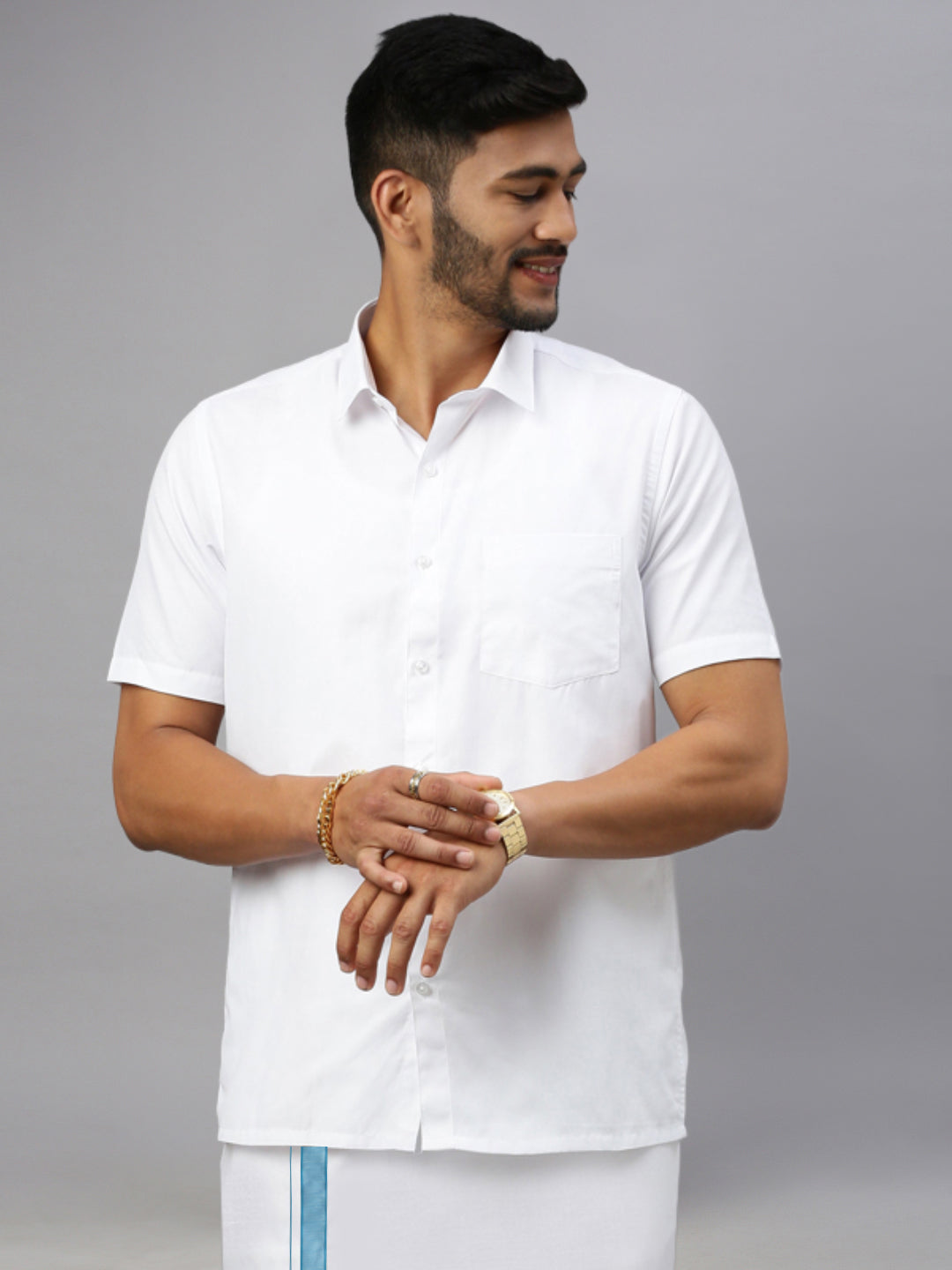 Mens White Shirt with Sky Blue Fancy Border Dhoti Combo WP04