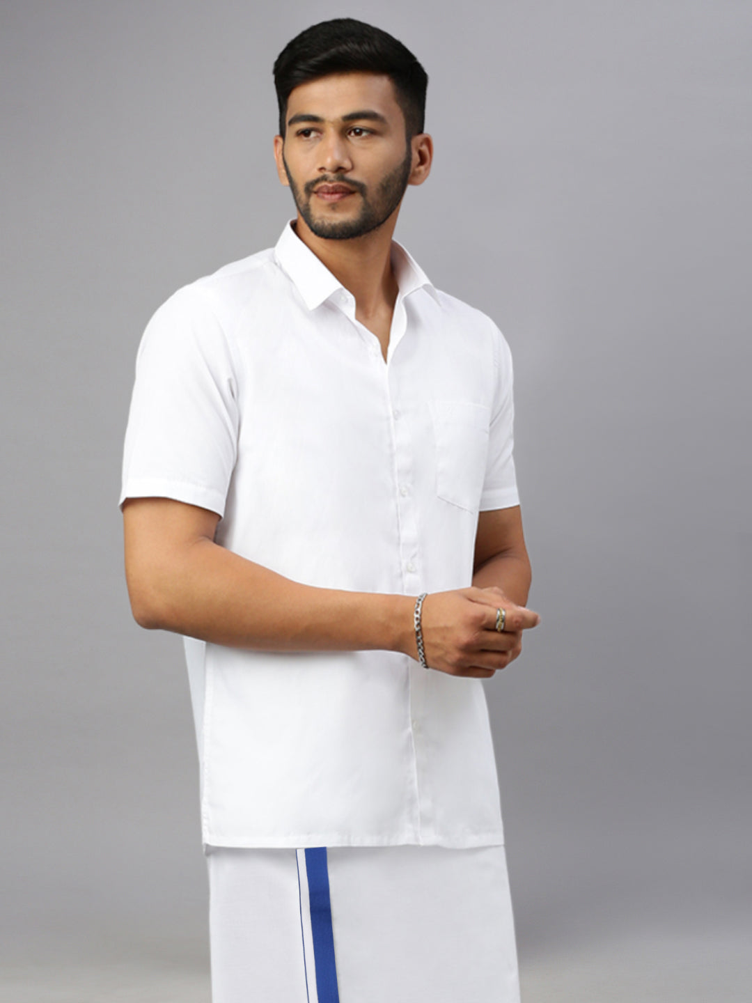 Mens White Shirt with Single Dhoti Blue Combo WS15