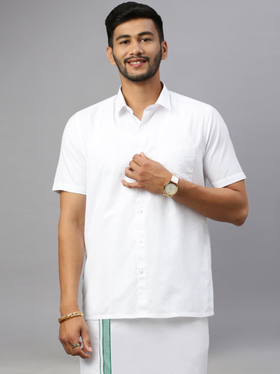 Mens White Shirt with Green Fancy Border Dhoti Combo WP01