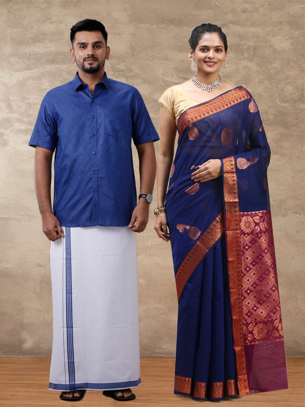 Couple Combo Shirt & Dhoti Set with Saree Blue SS301