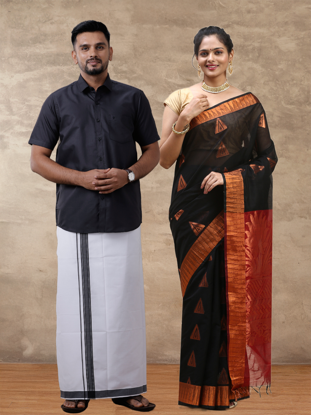 Couple Combo Shirt & Dhoti Set with Saree Black SS304