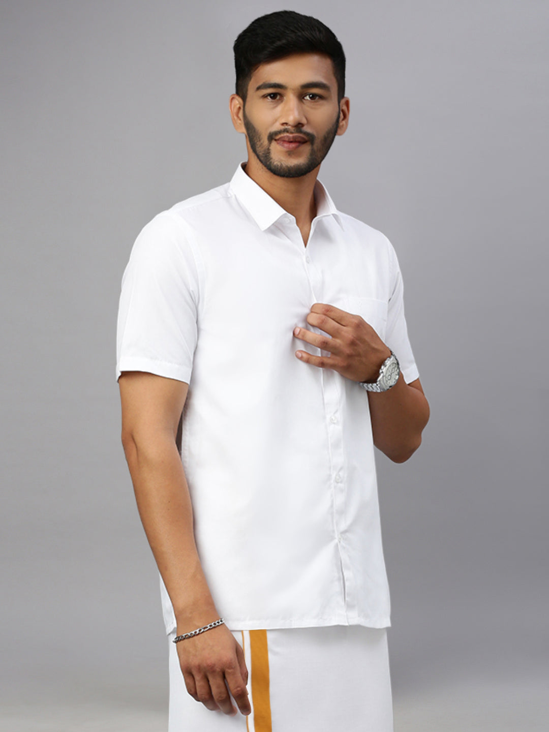 Mens White Shirt with Single Dhoti Gold Combo WS13