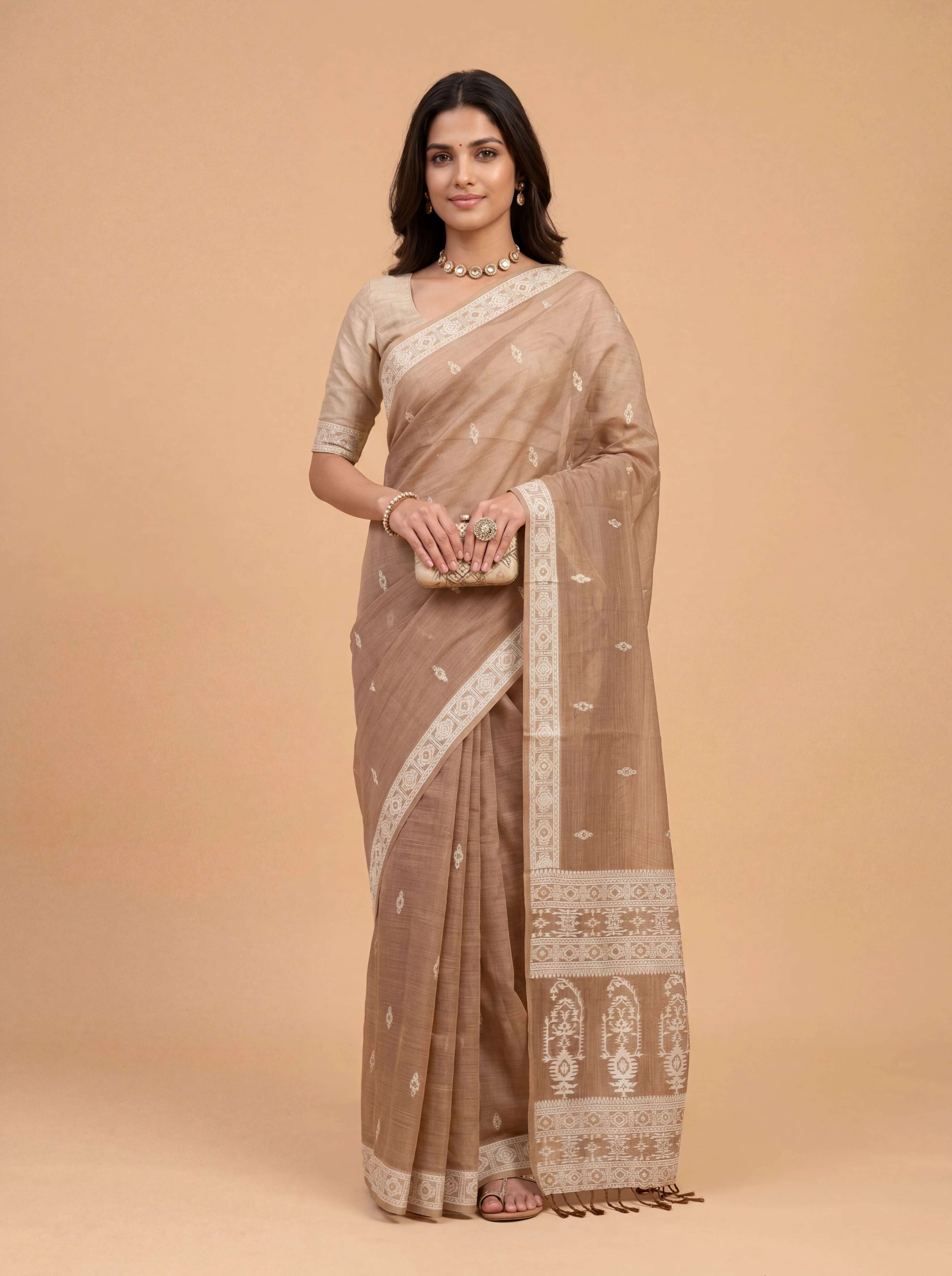 Women Dark Peach Spun Poly Saree SP03