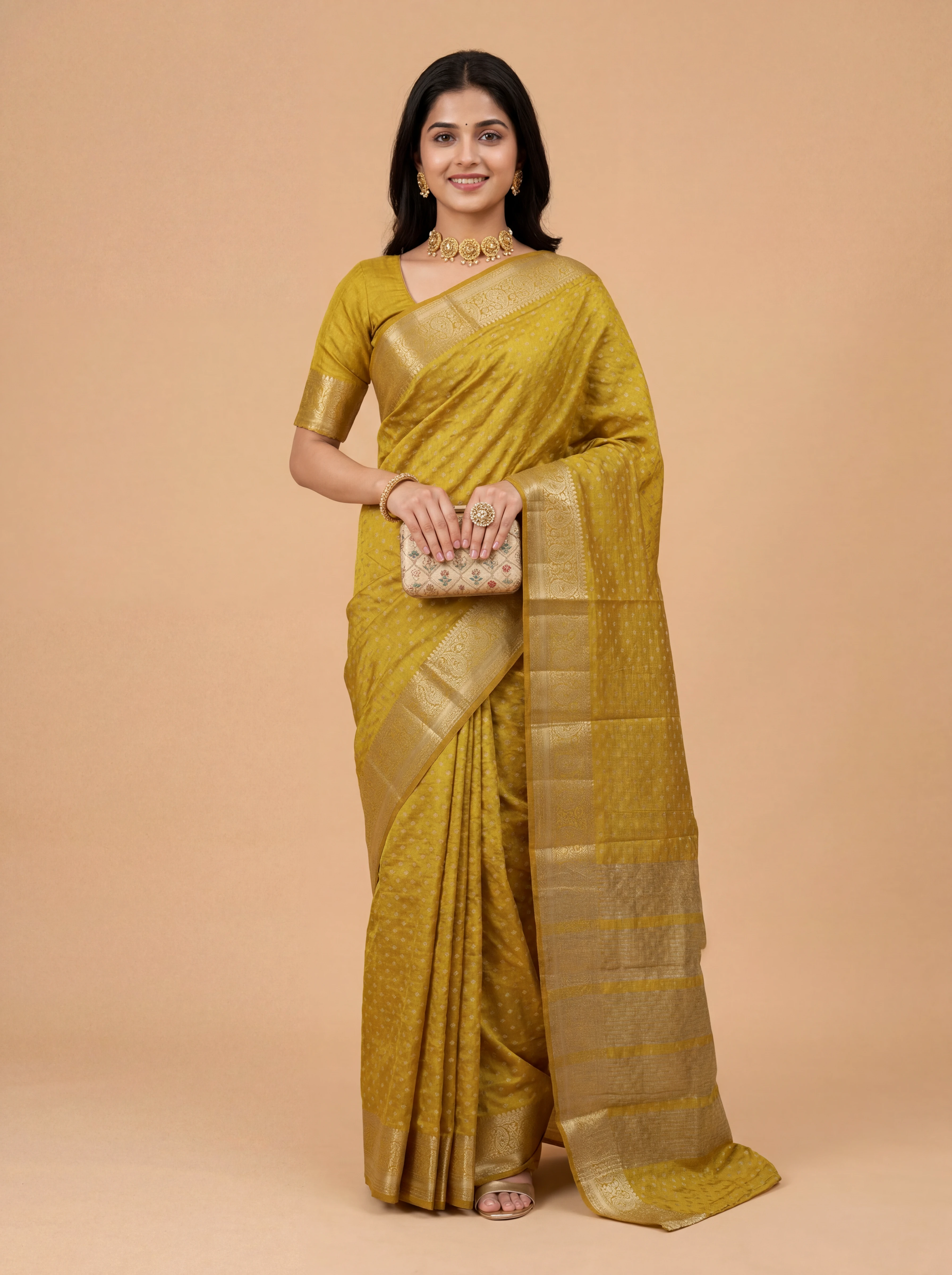 Women Semi Raw Silk Mustard Yellow Saree SRS120