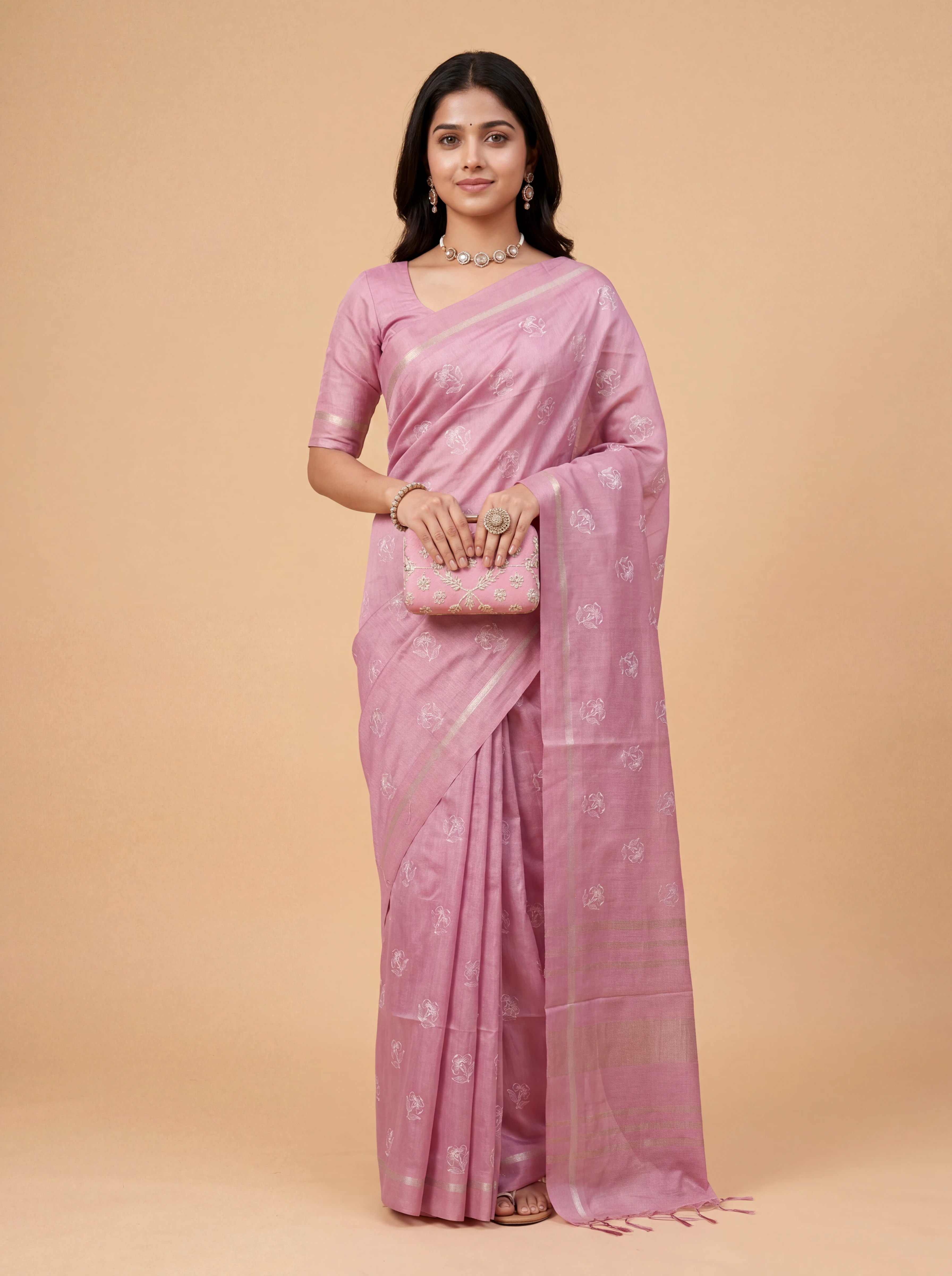Women Semi Tussar Embroidered Pink Saree ST349