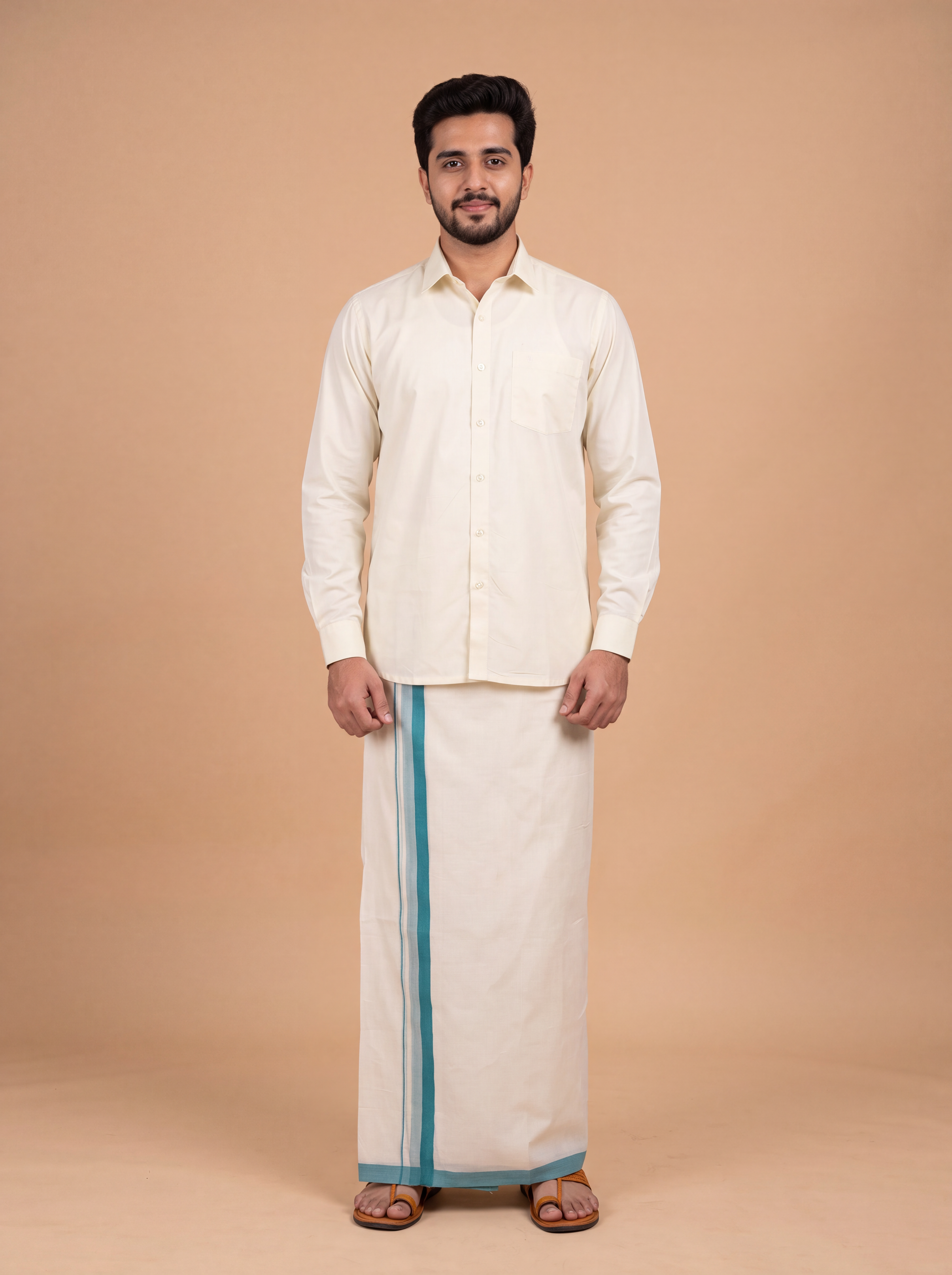 Double Layer Kora Cotton Cream Dhoti with Colour Border - Rivan Fancy RF02 3.80m