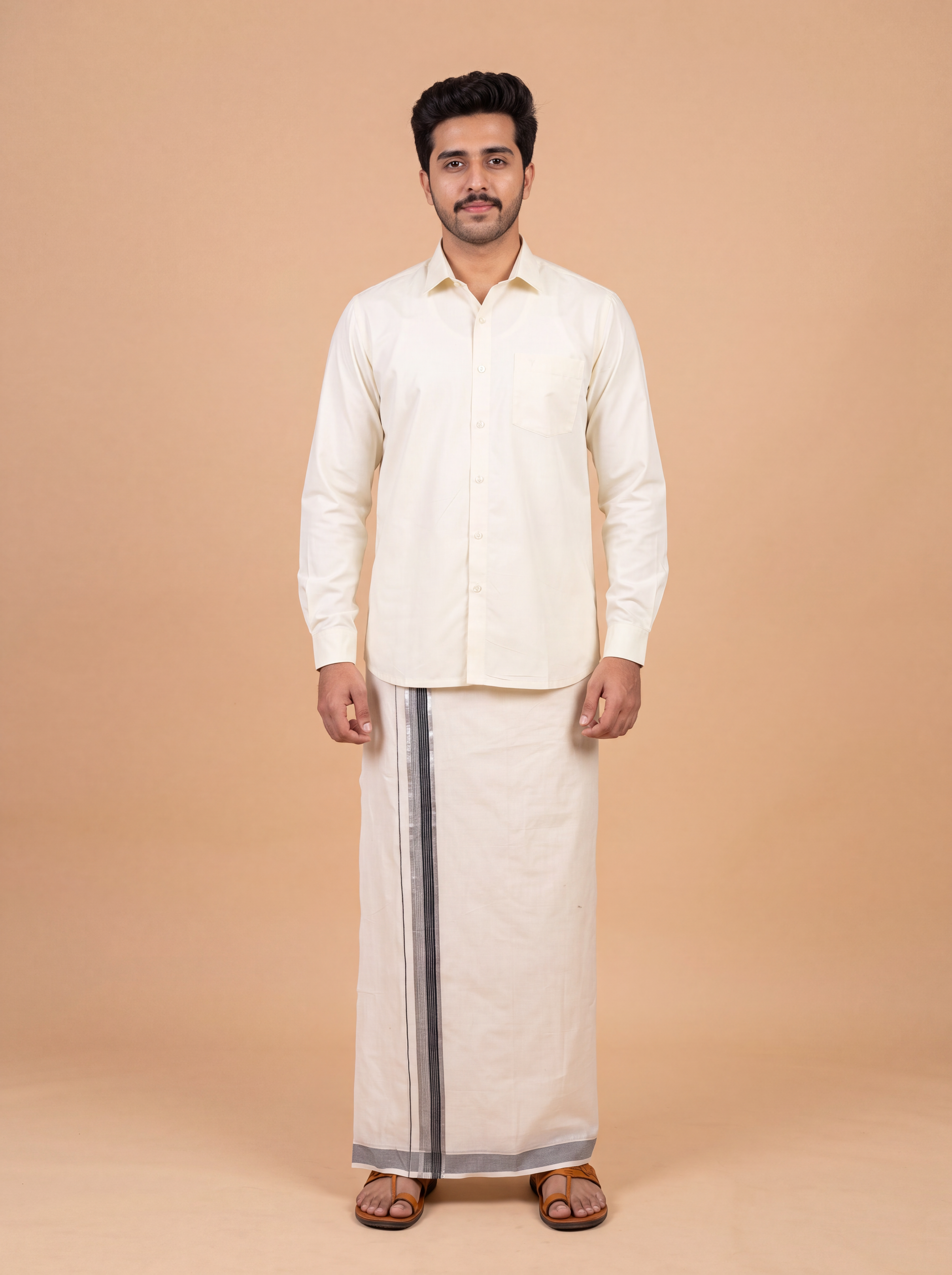 Double Layer Kora Cotton Cream Dhoti with Colour Border - Environ Fancy EF01 4m