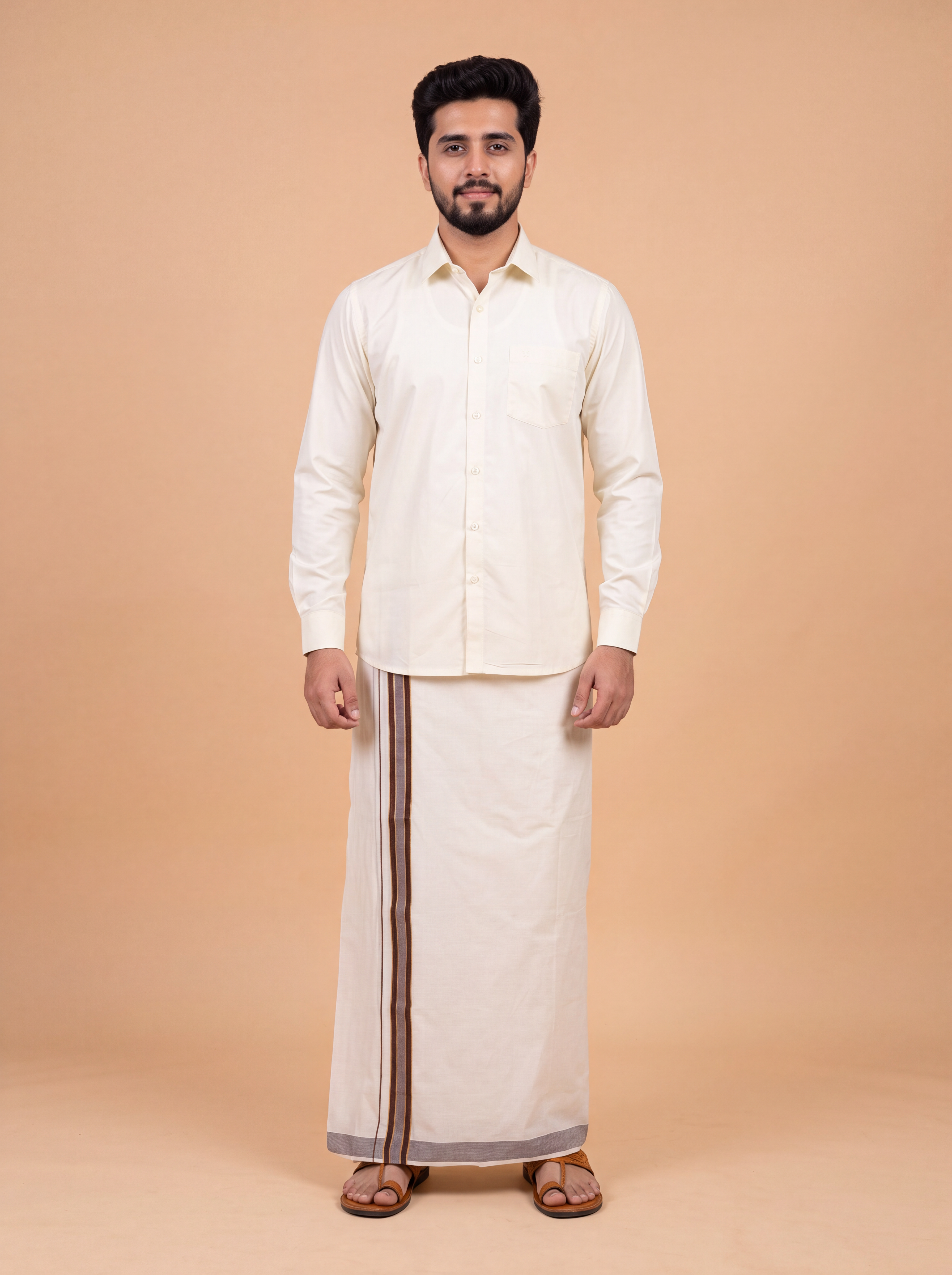 Double Layer Kora Cotton Cream Dhoti with Colour Jari Border - Excel 3.9m EGJ01