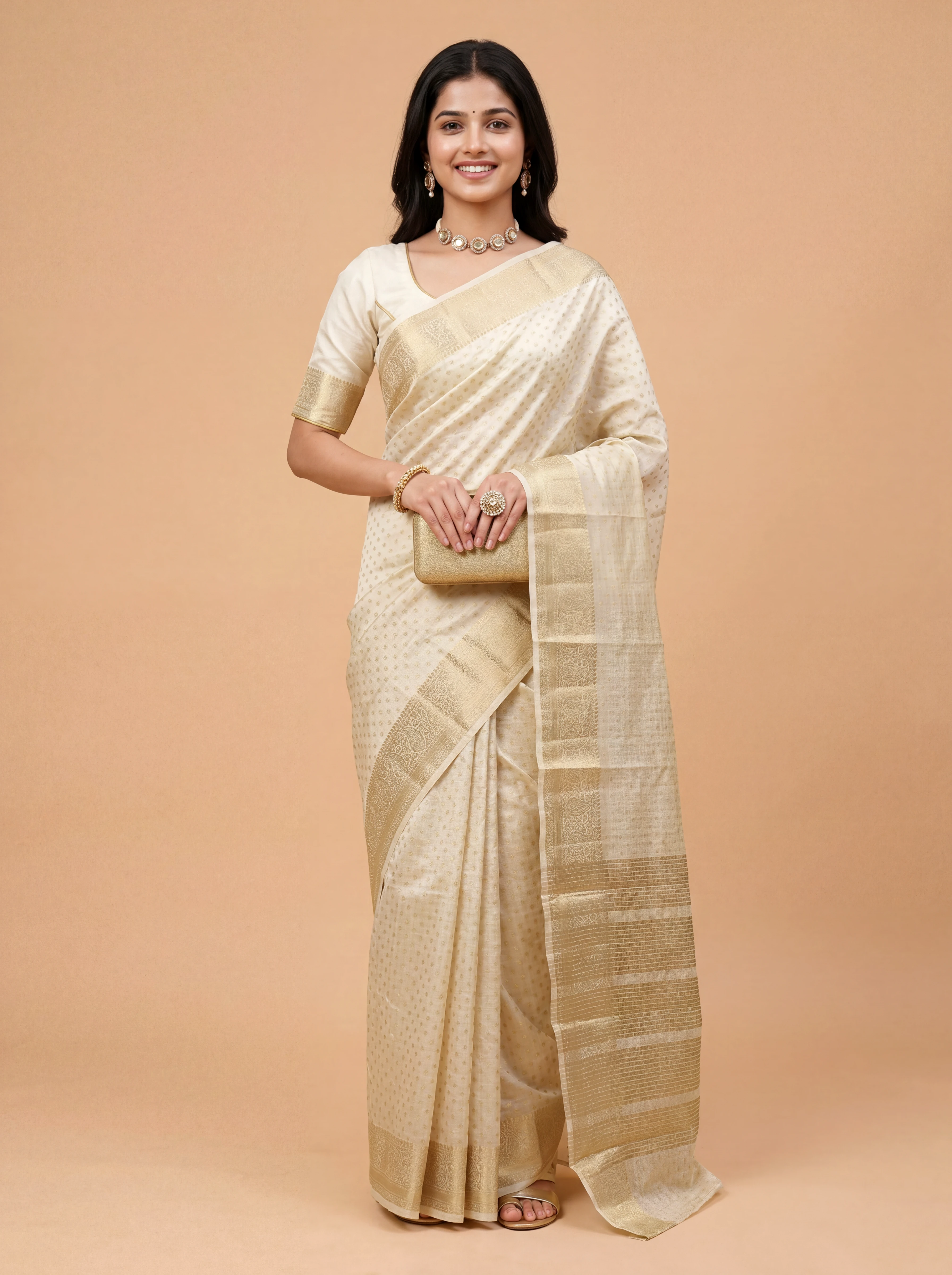 Women Semi Raw Silk Off White Saree SRS123