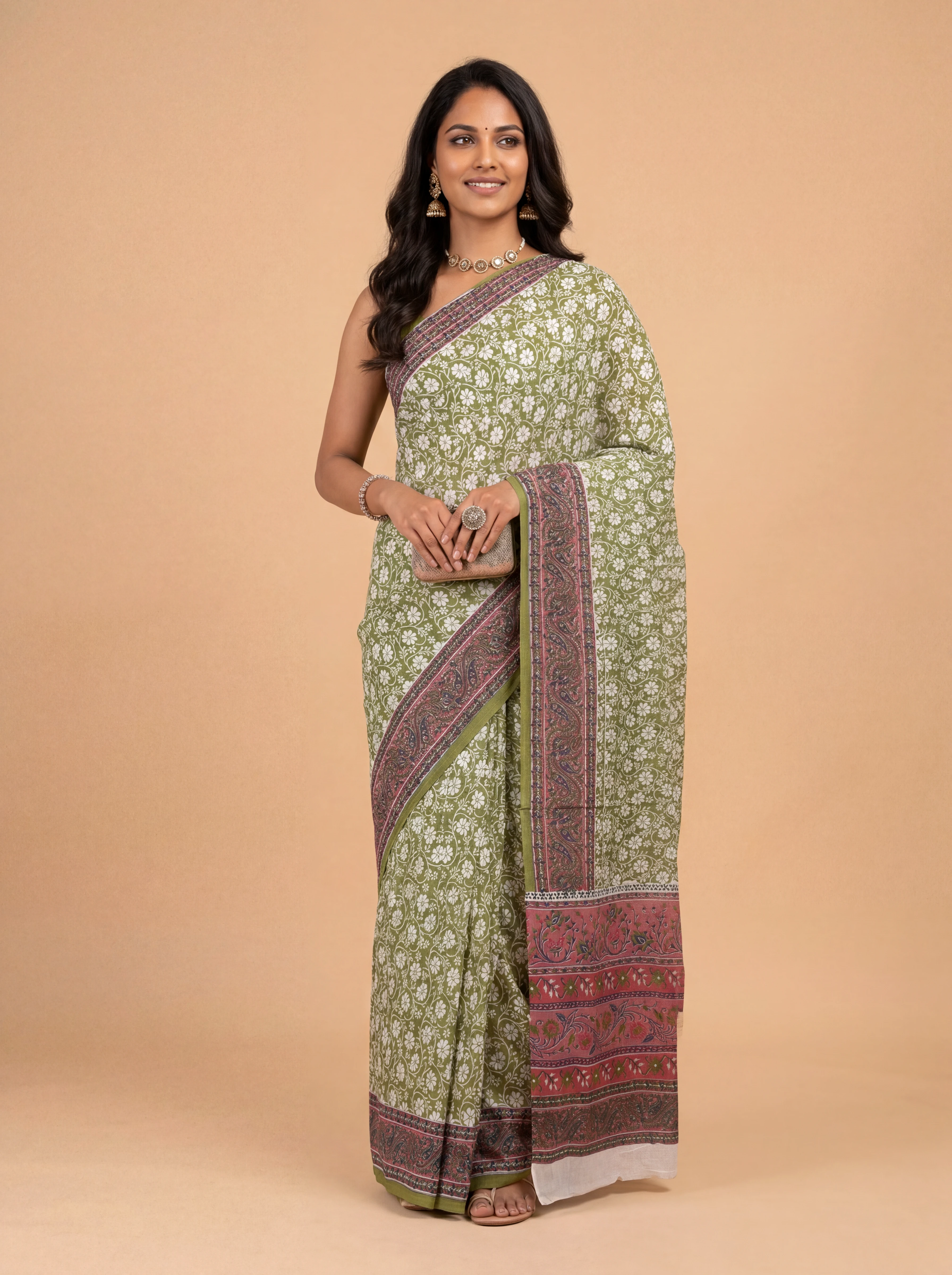Women Pure Cotton Green Floral Printed Saree PCS276