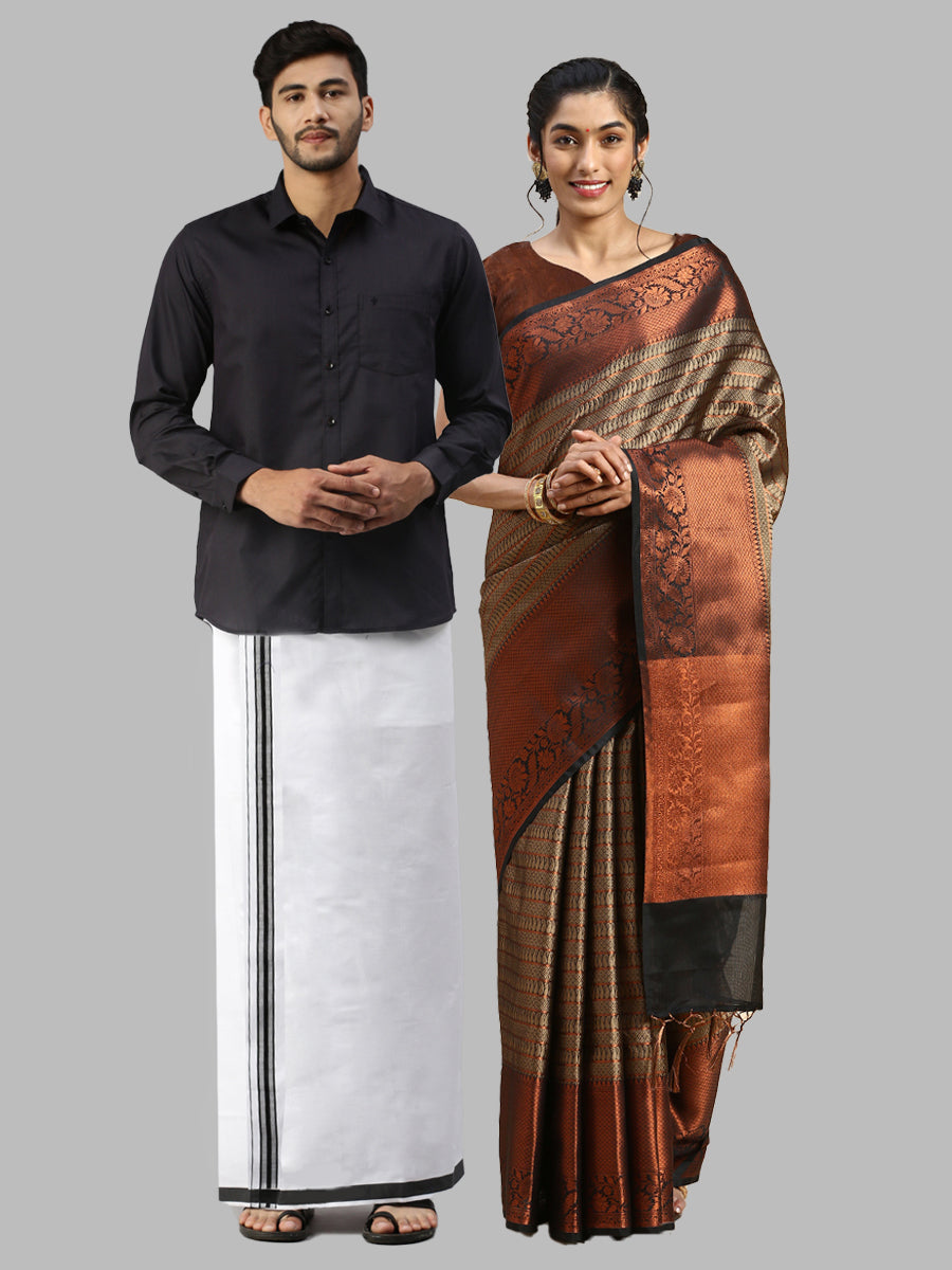 Matching Dhoti Shirt & Semi Kora Cotton Saree Couple Combo Black