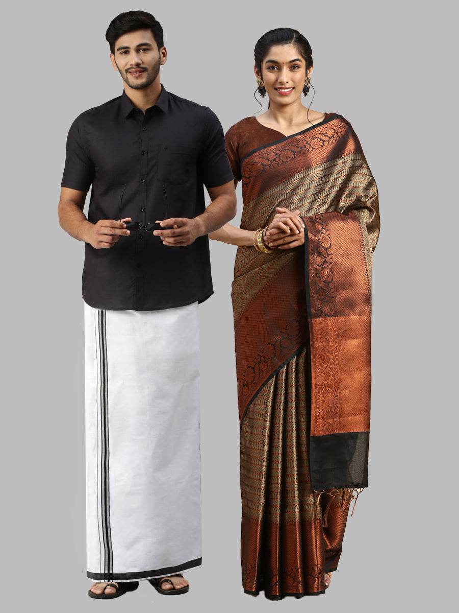Matching Dhoti Shirt & Semi Kora Cotton Saree Couple Combo Black-Front view