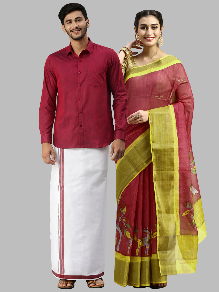 Matching Dhoti Shirt & Semi Linen Saree Couple Combo Purple-Front virew