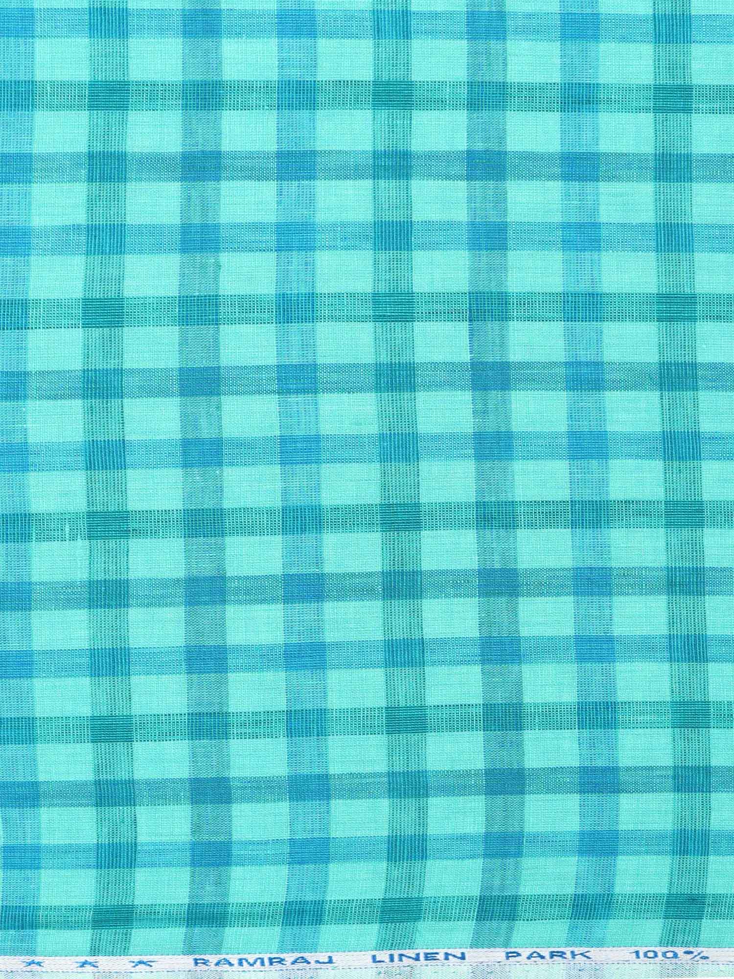 Pure Linen Checked Green & Blue Shirt Fabric Linen Park Texena-Zoom view