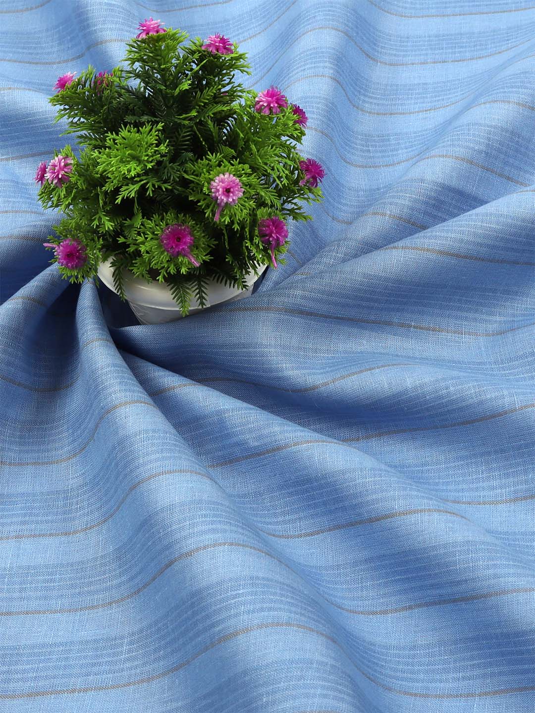 Men 100% Premium Linen Striped Blue Shirt Fabric Texena