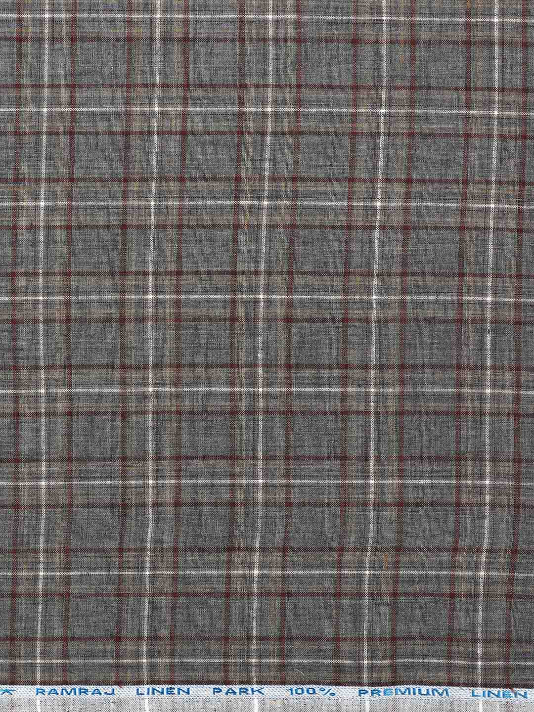 Pure Linen Grey & Brown Colour Checked Shirt Fabric Linen Park Texena-Zoom view