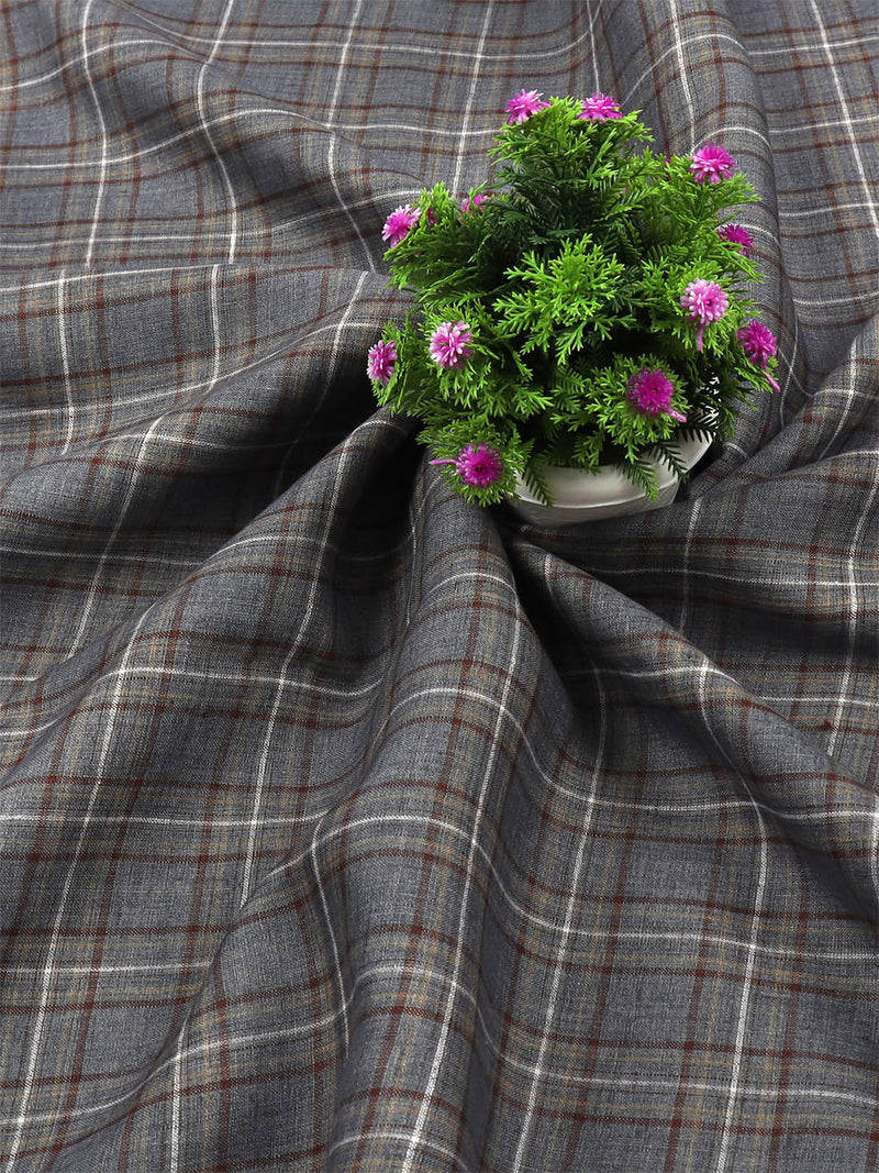 Pure Linen Grey & Brown Colour Checked Shirt Fabric Linen Park Texena