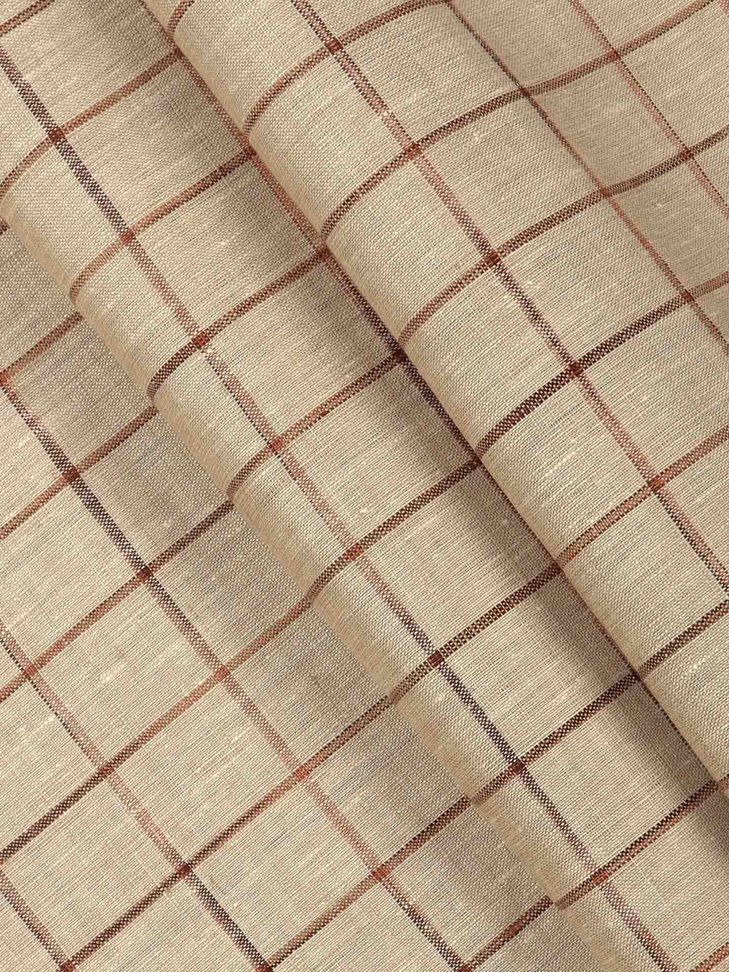 Mens Pure Linen Brown Checked Shirt Fabric