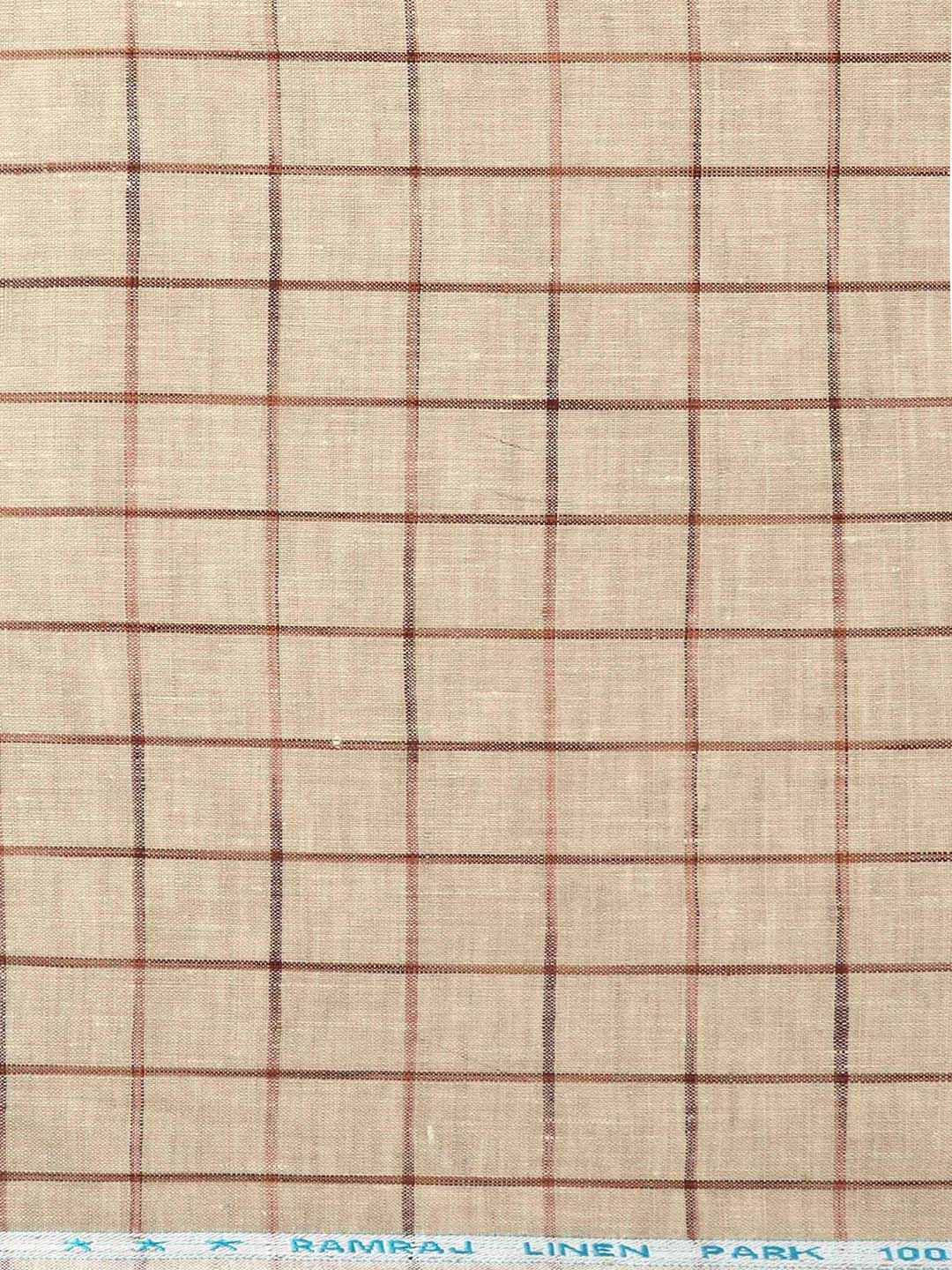 Mens Pure Linen Brown Checked Shirt Fabric