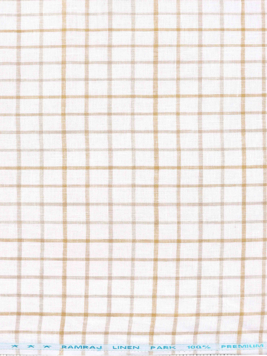 Pure Linen Checked White & Mustard Shirt Fabric Linen Park Texena-Zoom view