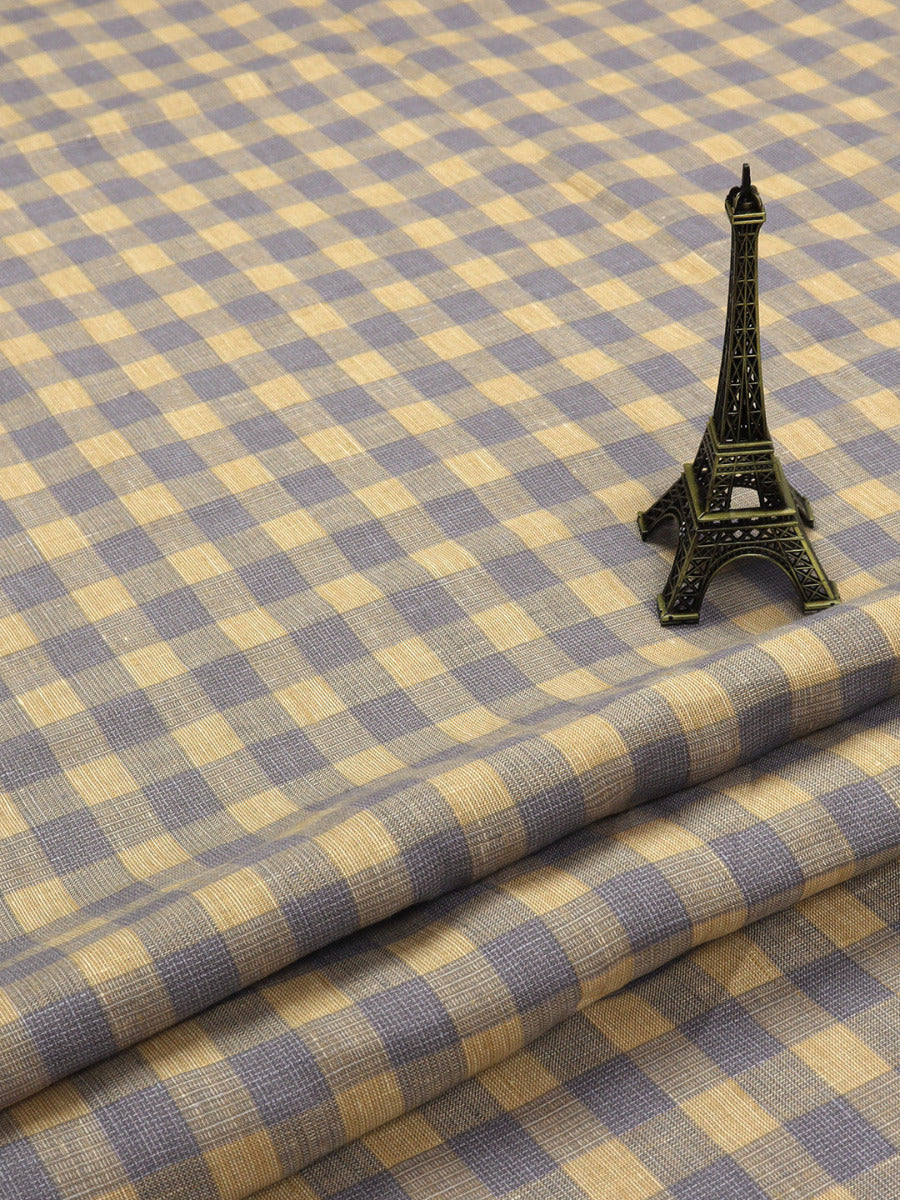 Pure Linen Checked Mustard & Blue Shirt Fabric Linen Park Texena-Close view