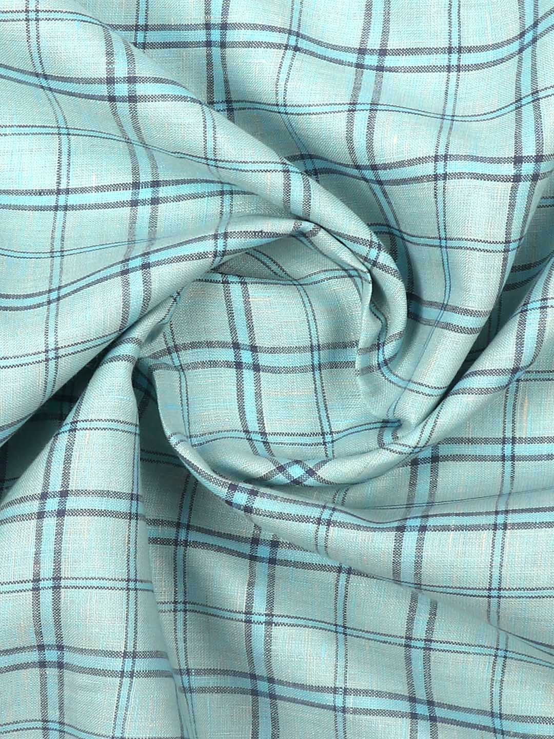 Pure Linen Checked Shirt Fabric Blue