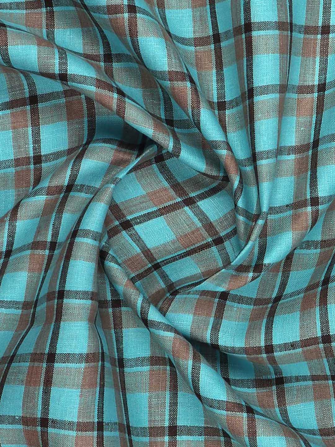 Pure Linen Checked Shirt Fabric Blue