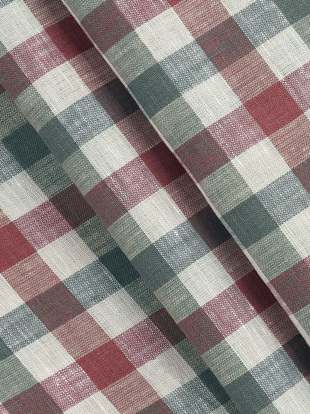 Pure Linen Checked Shirt Fabric Red with Green