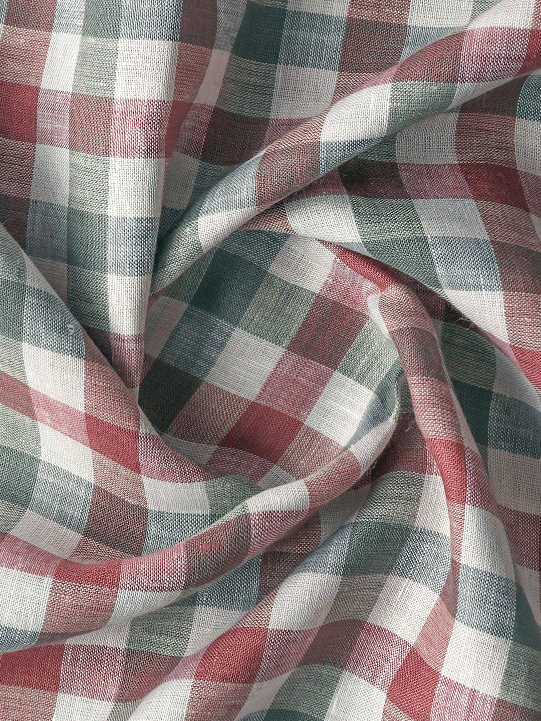 Pure Linen Checked Shirt Fabric Red with Green