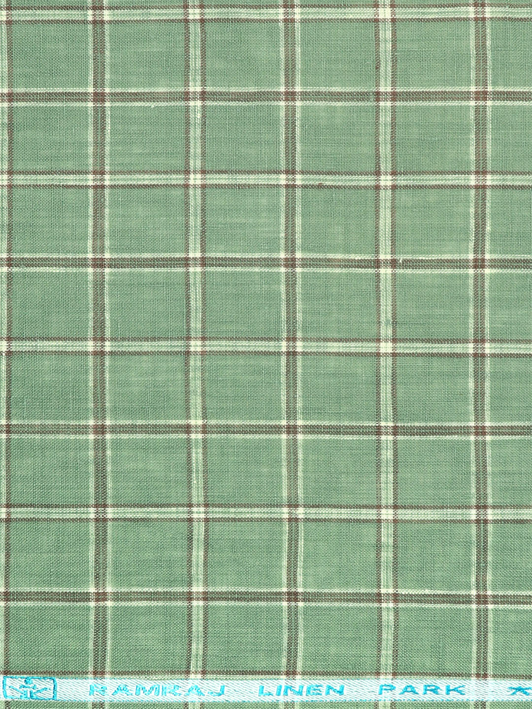 Pure Linen Checked Shirt Fabric Green with Brown