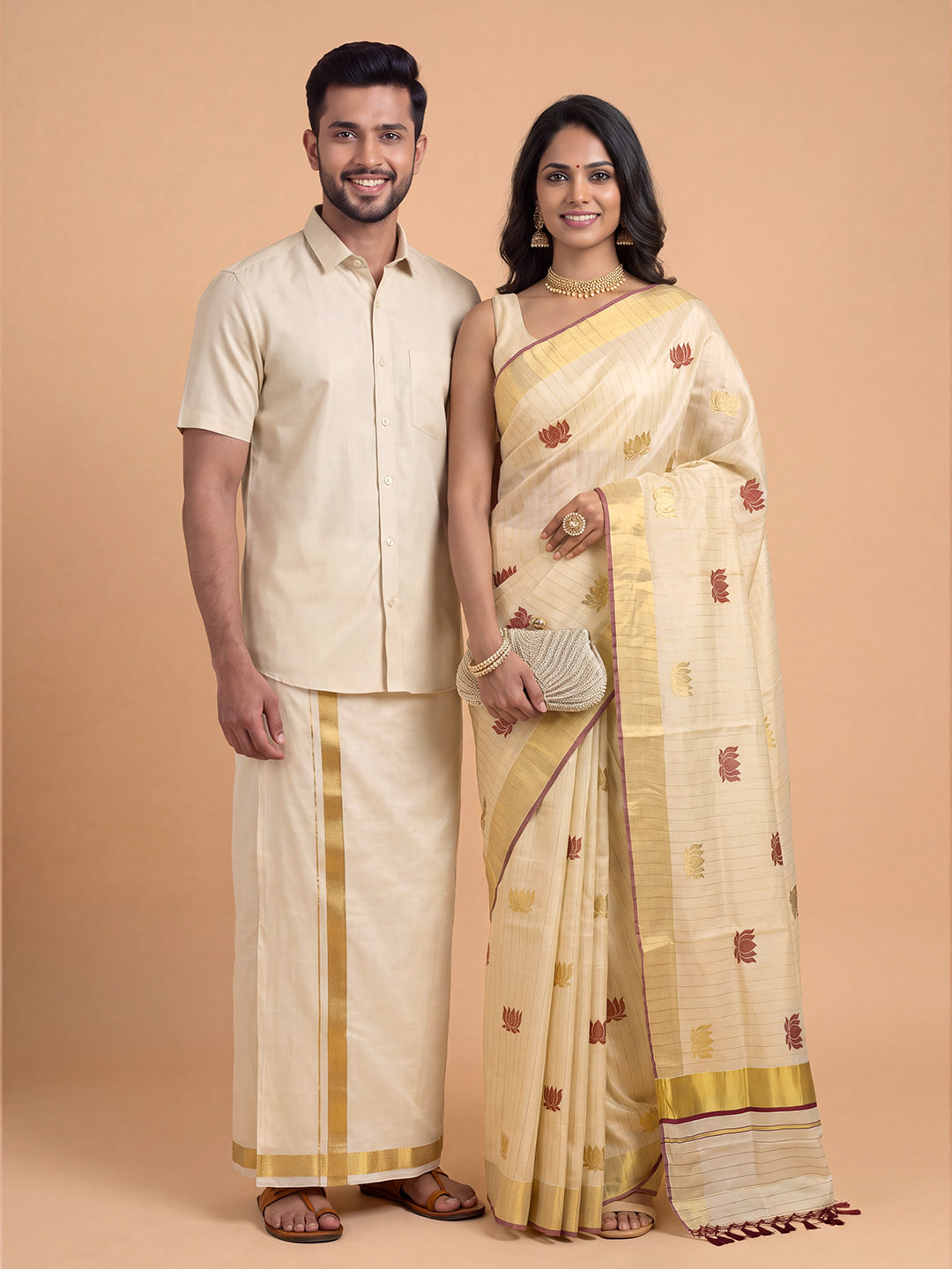 Couple Combo Antique Gold Shirt & Dhoti Set with Saree KLS19