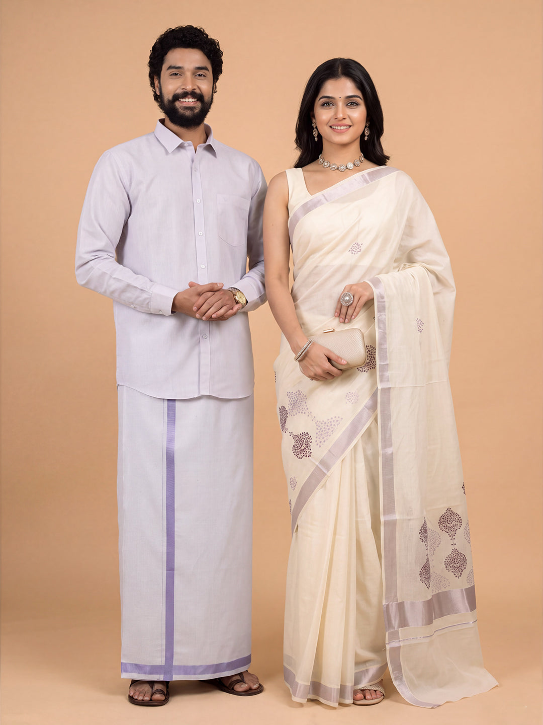 Couple Combo Lavender Shirt & Dhoti Set with Saree KLS38