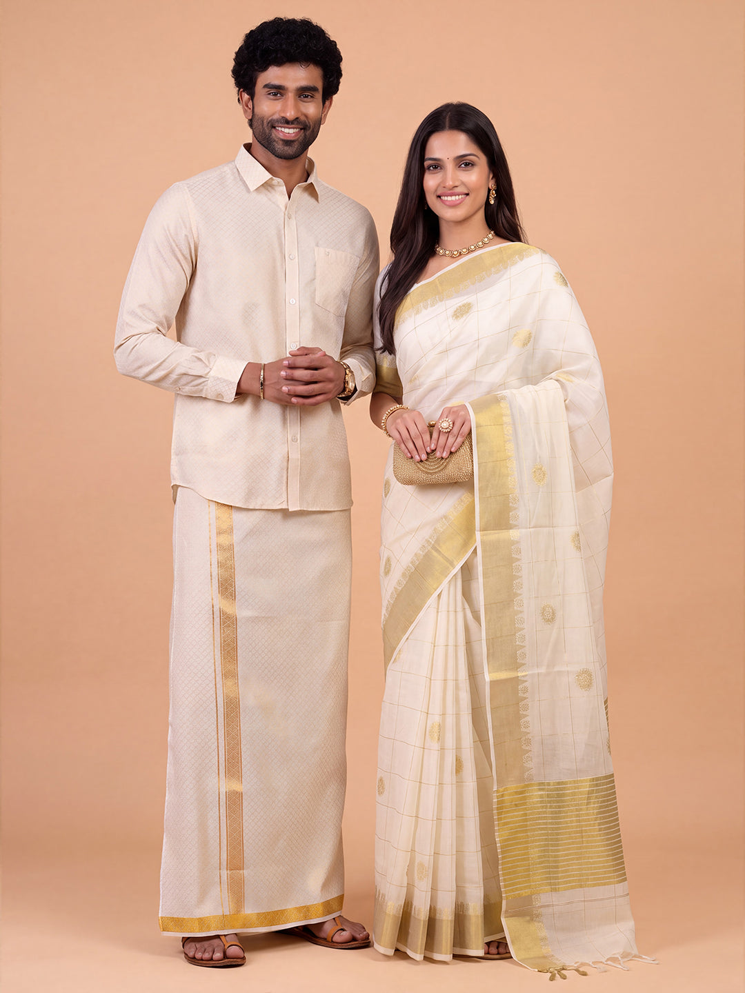 Couple Combo Gold Shirt & Dhoti Set with Saree KLS42