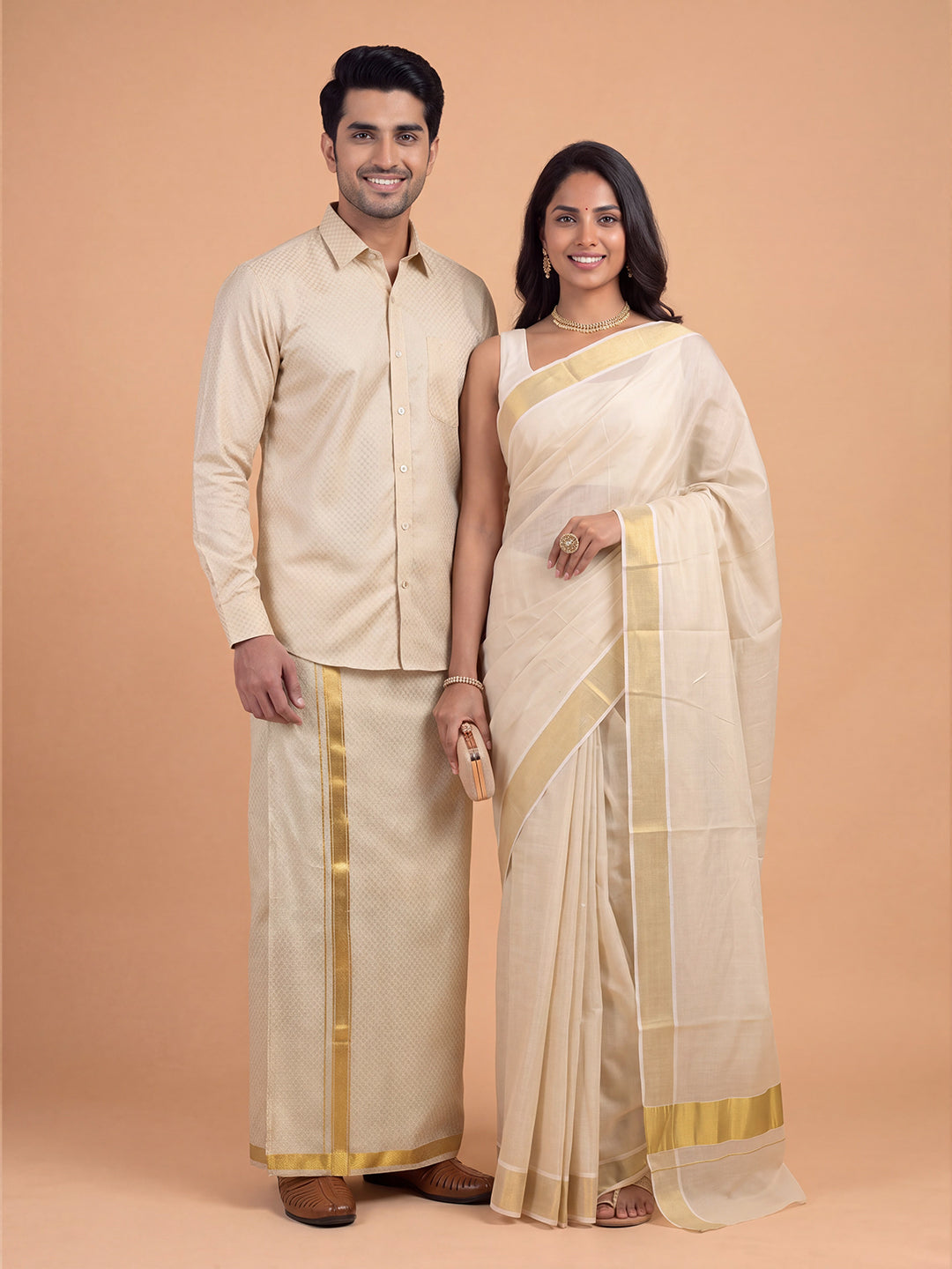 Couple Combo Gold Shirt & Dhoti Set with Saree KLS52