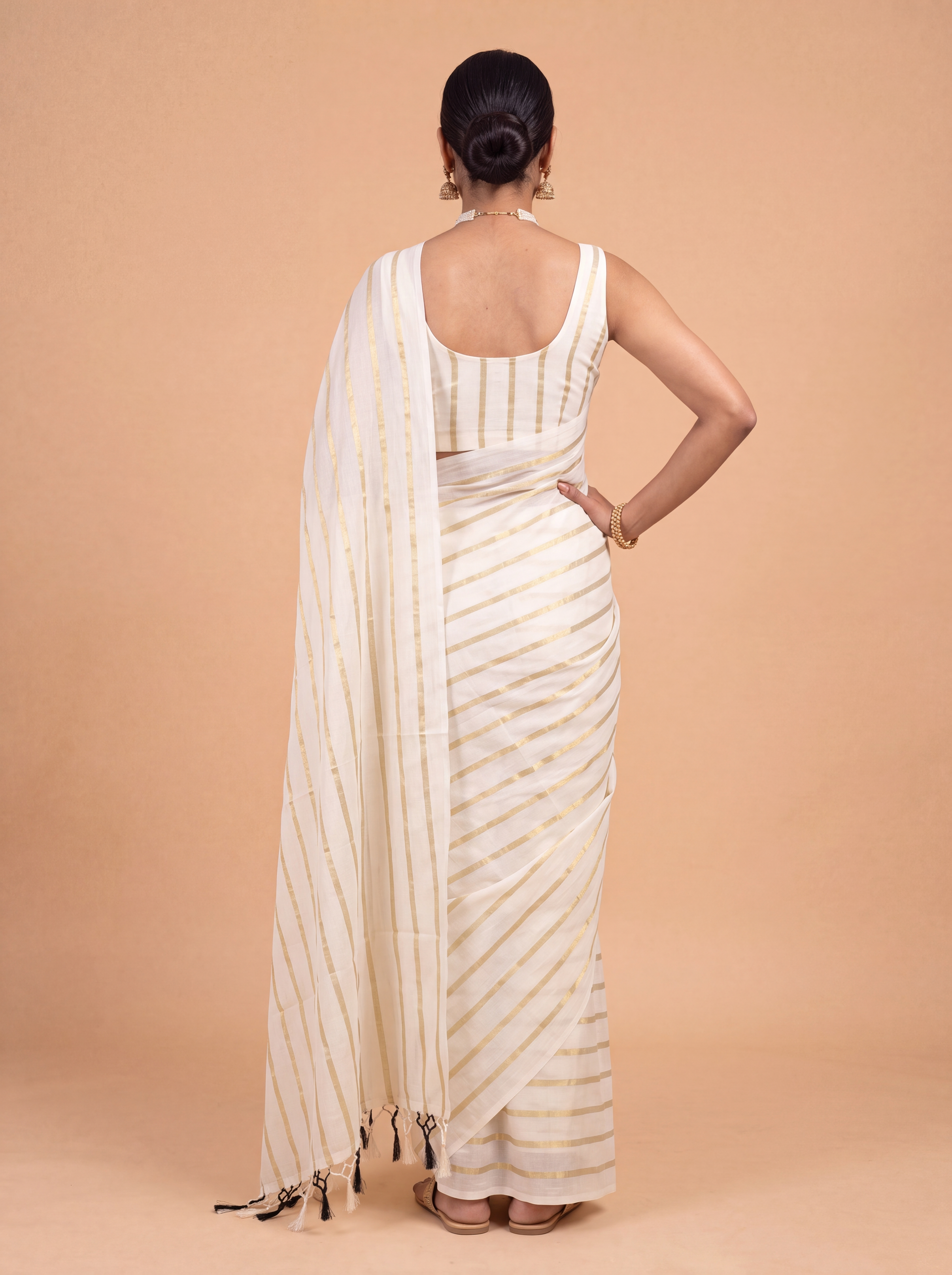Women Kora Cream Printed Saree with Gold Jari KLS53