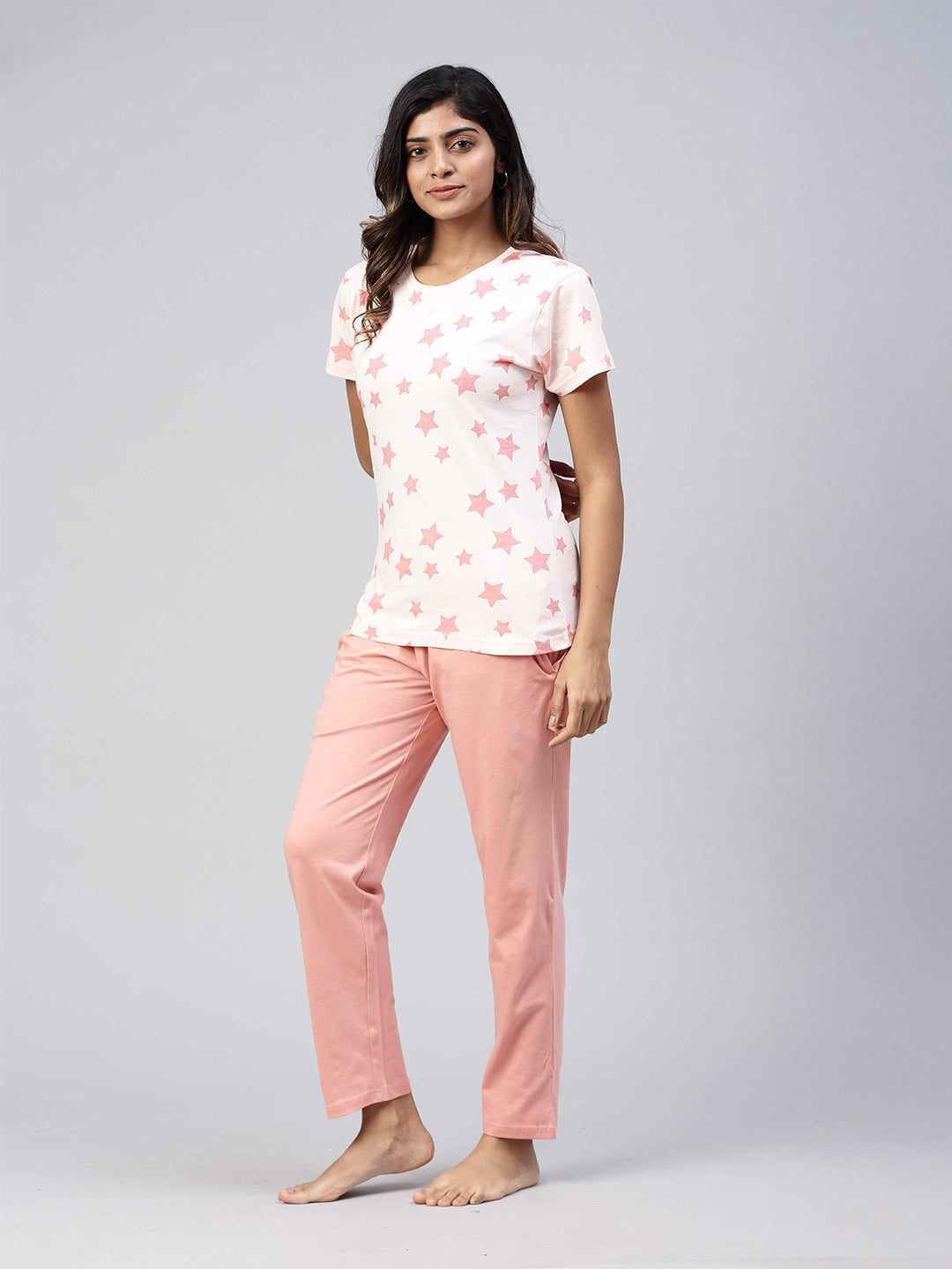 Women Knit Cotton Loungewear Set Peach