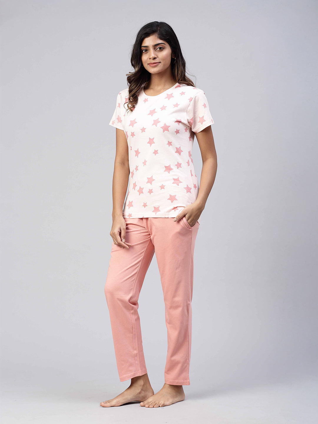 Women Knit Cotton Loungewear Set Peach