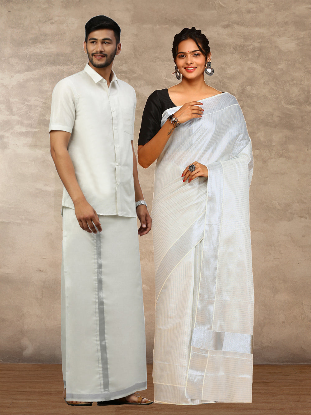 Couple Combo Tissue Silver Jari Dhoti & Shirt Set with Tissue Saree KS103