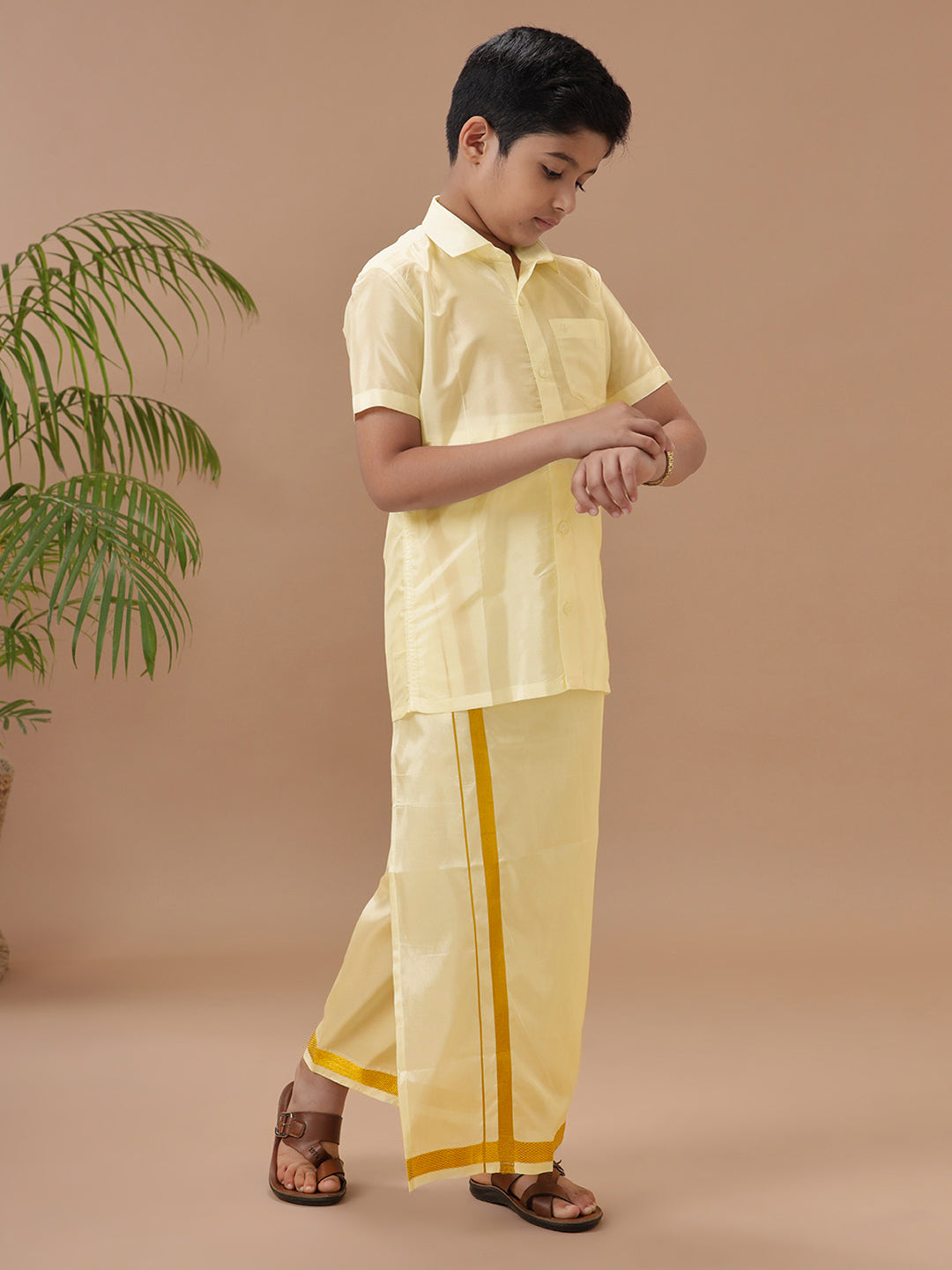 Boys Shirt & Dhoti Set Swayamvara Champagne Sandal