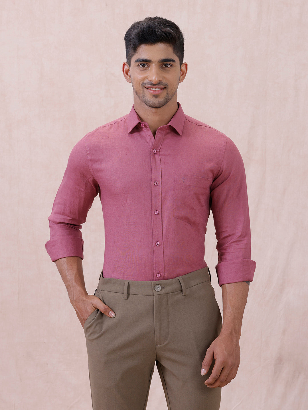 Men Pure Linen Purple Pink Shirt L122