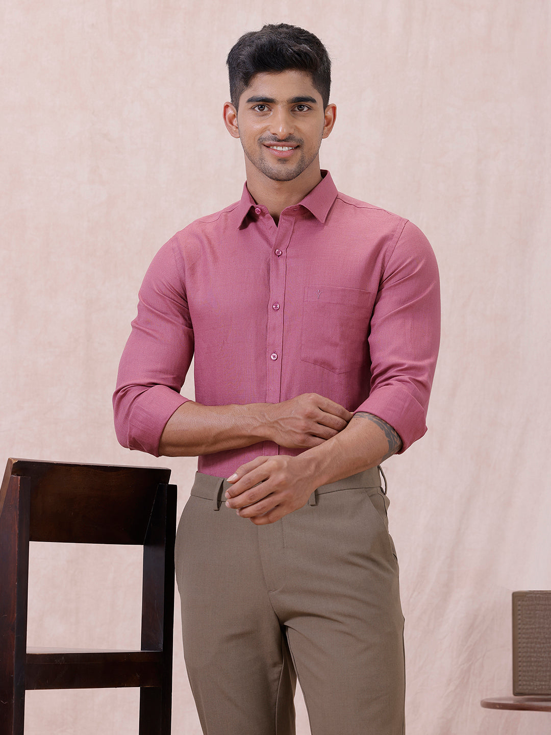 Men Pure Linen Purple Pink Shirt L122