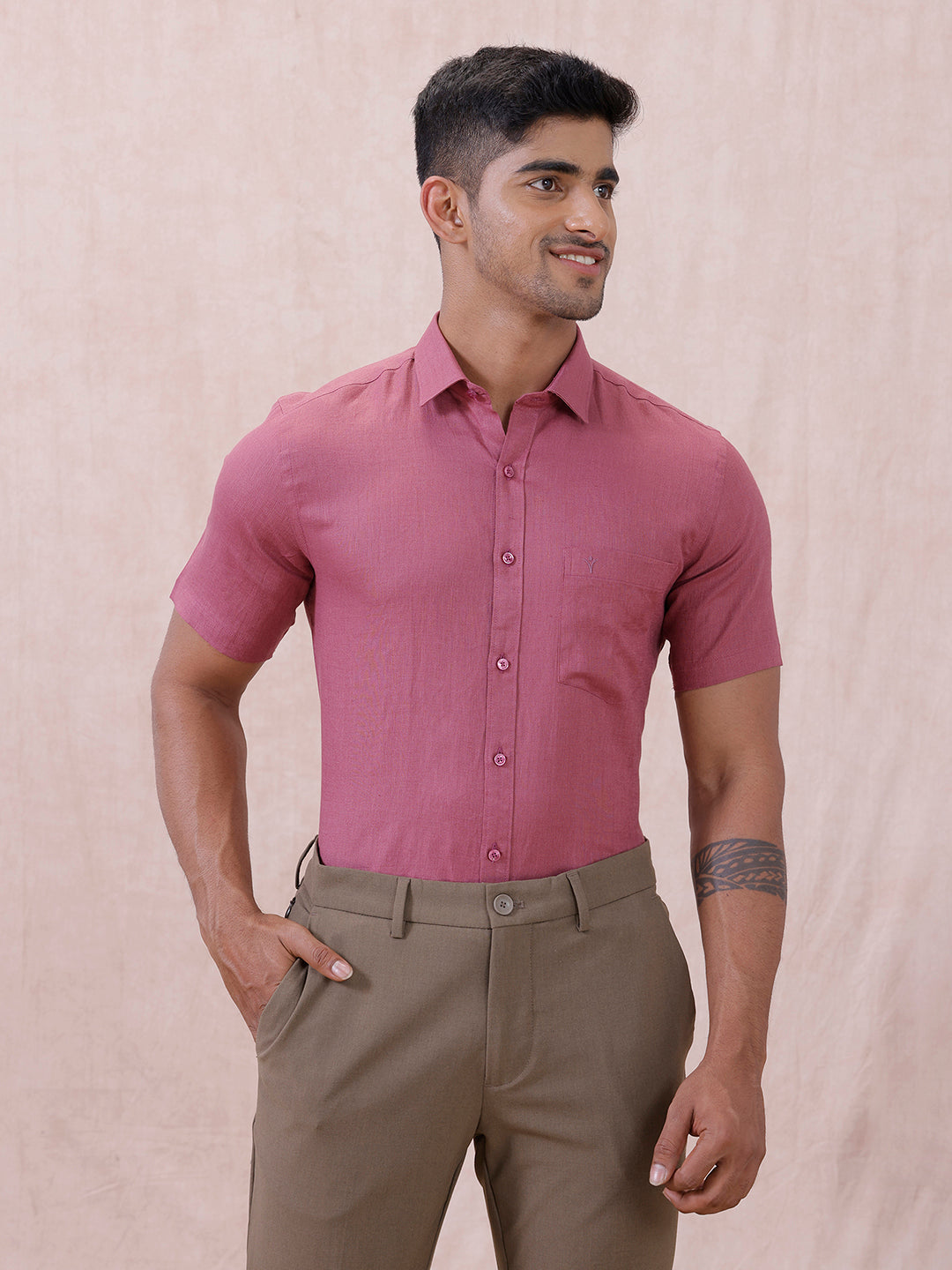 Men Pure Linen Purple Pink Shirt L122