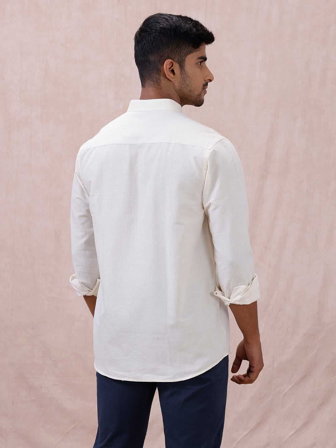 Men Cream Linen Cotton Chinese Collar Shirt LF12