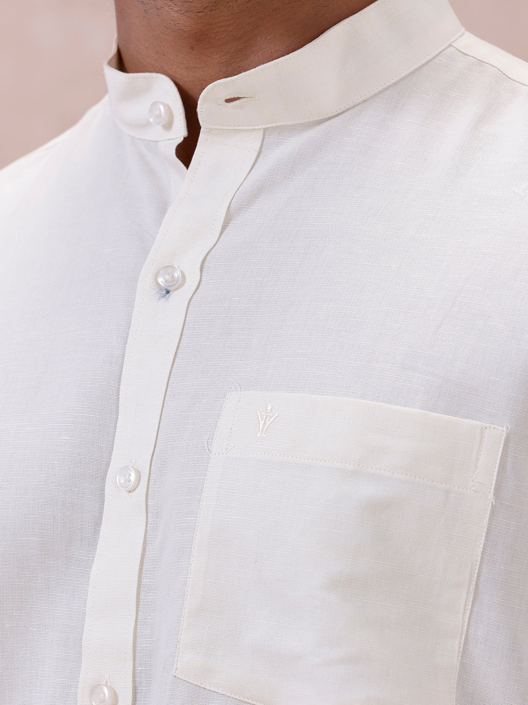Men Cream Linen Cotton Chinese Collar Shirt LF12