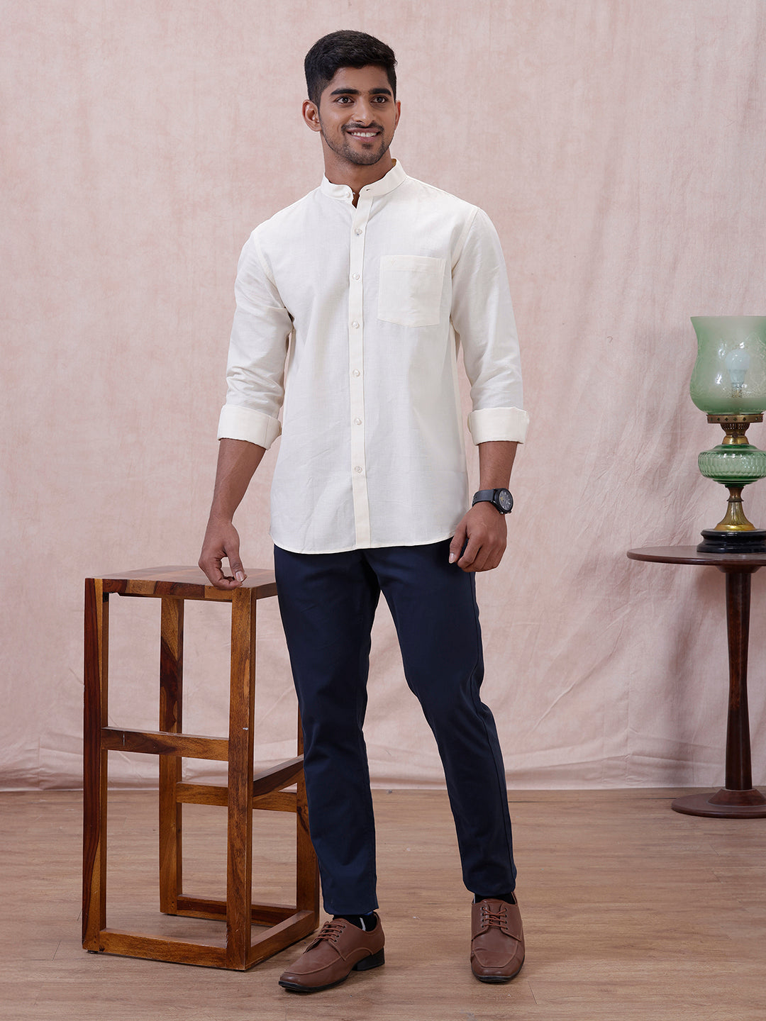 Men Cream Linen Cotton Chinese Collar Shirt LF12
