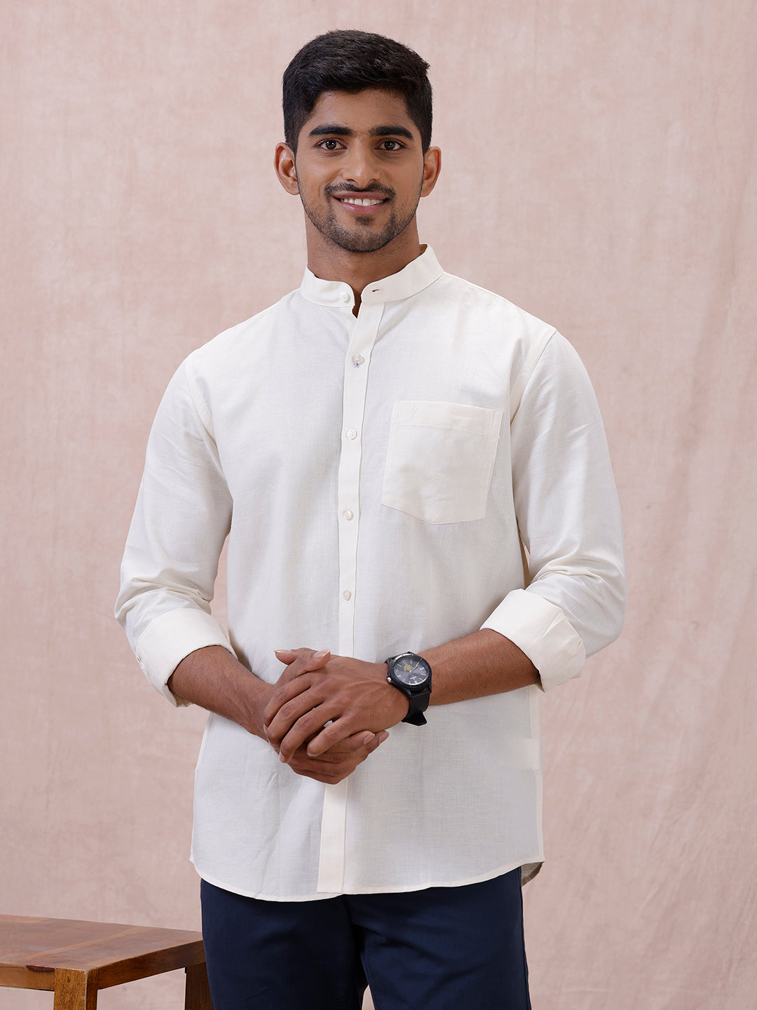 Men Cream Linen Cotton Chinese Collar Shirt LF12