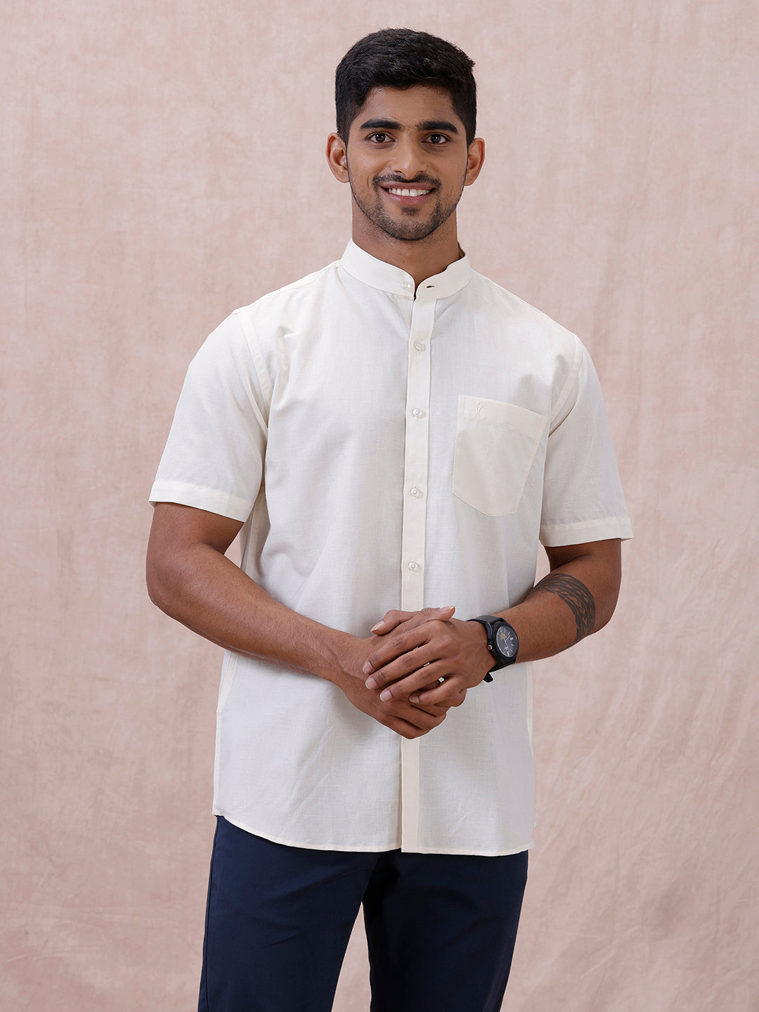 Men Cream Linen Cotton Chinese Collar Shirt LF12