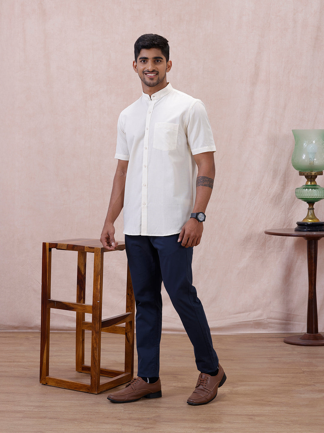 Men Cream Linen Cotton Chinese Collar Shirt LF12