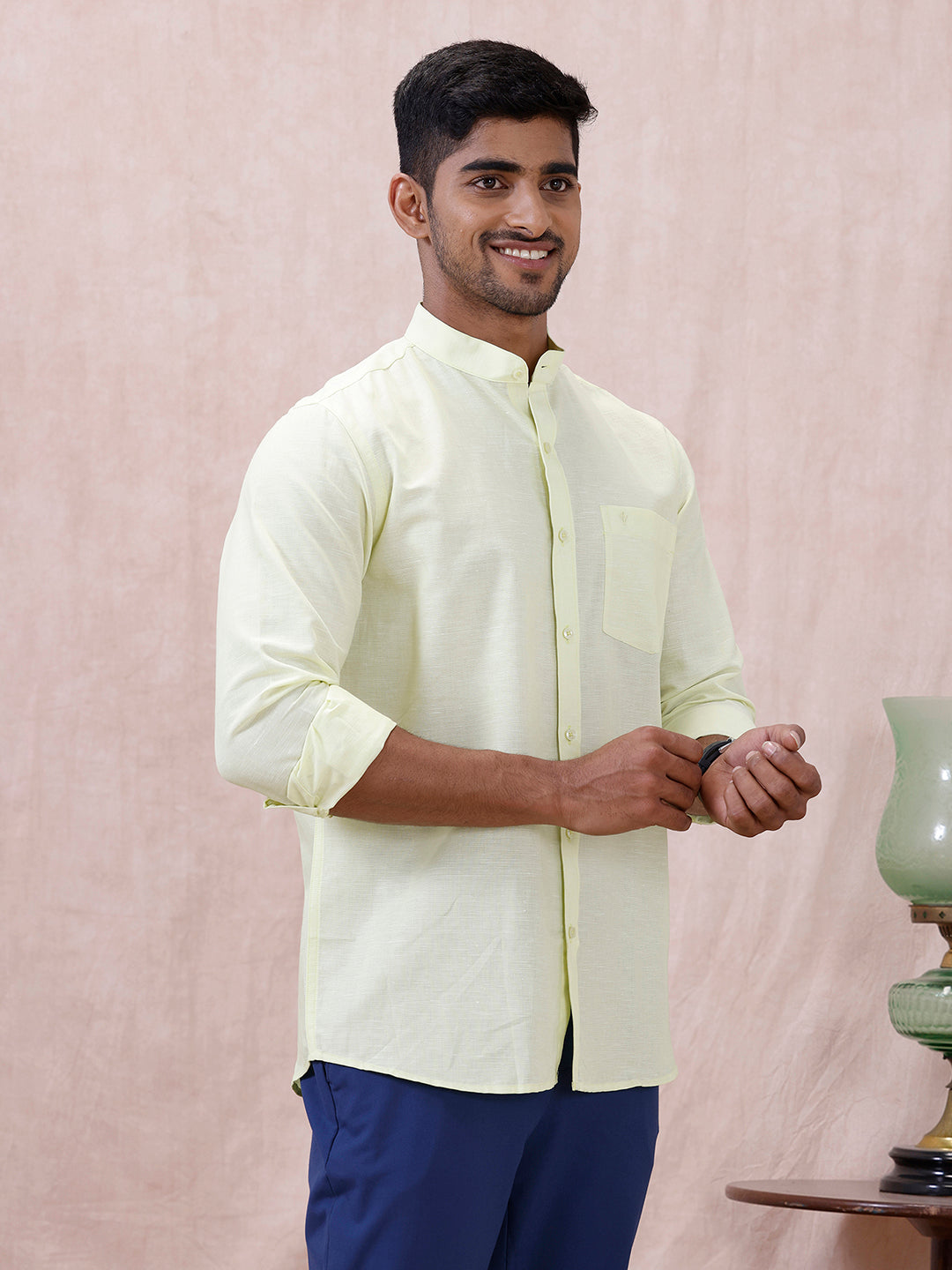 Men Greenish Yellow Linen Cotton Chinese Collar Shirt LF3